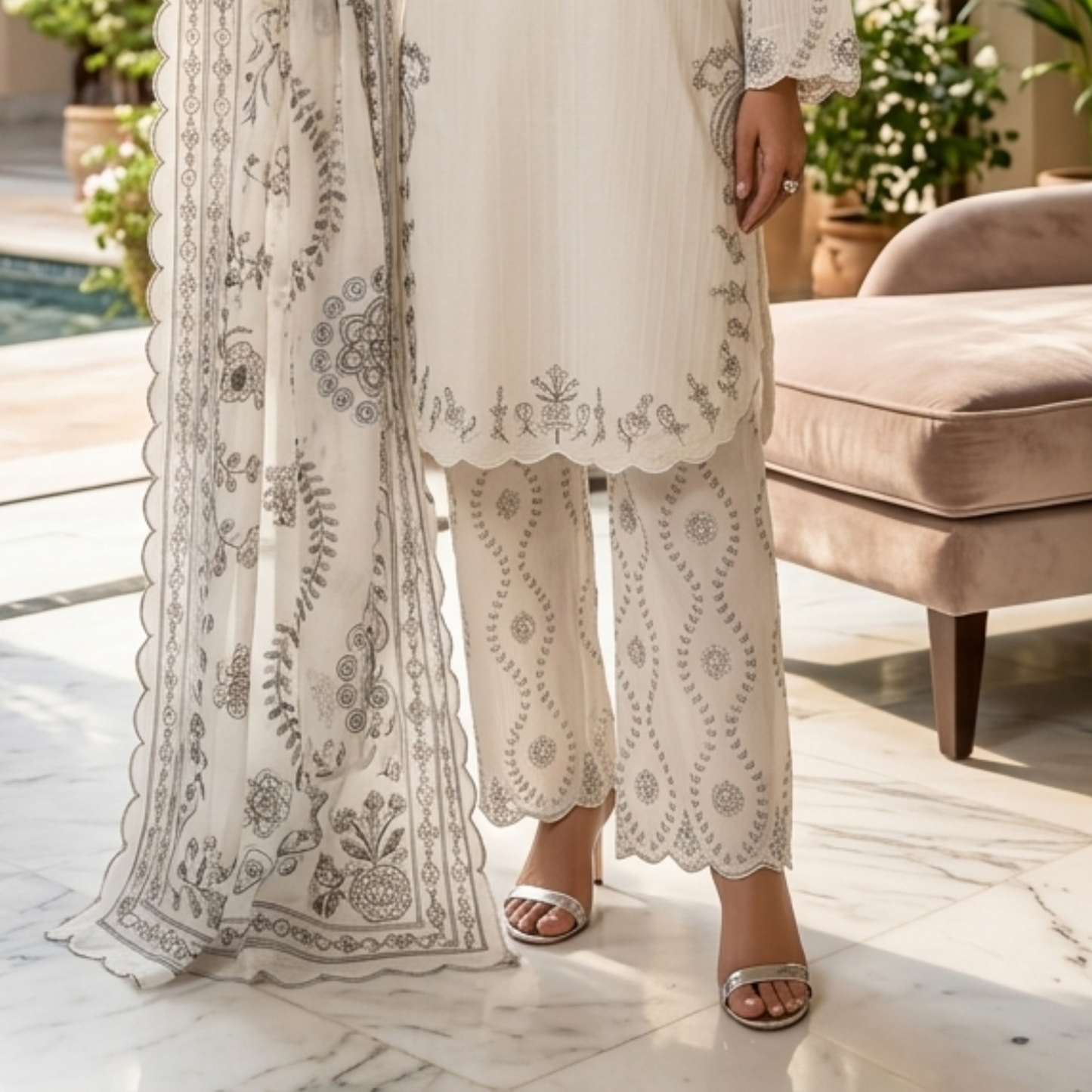Premium Off-White Embroidered Slub Cotton 3-Piece Summer Suit for Women