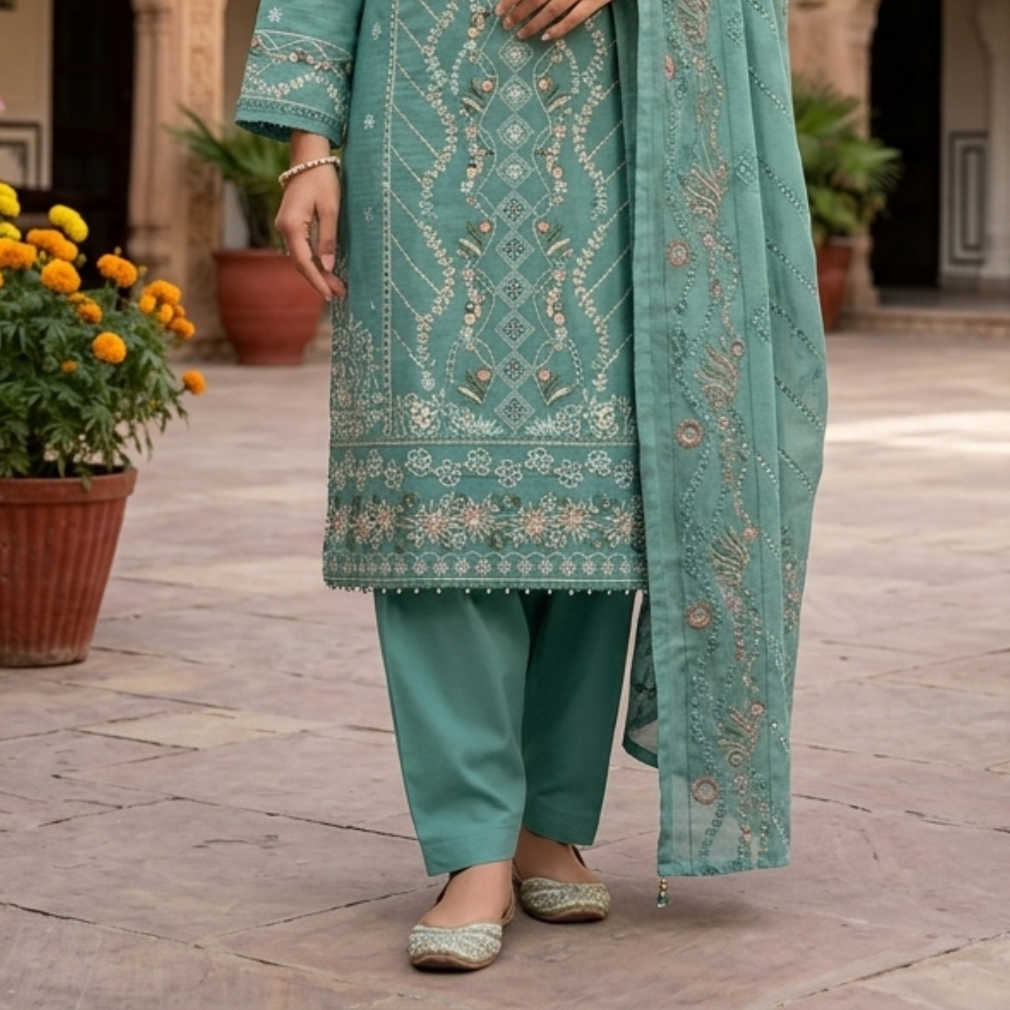 Premium Sea Green Embroidered Slub Cotton 3-Piece Summer Suit for Women