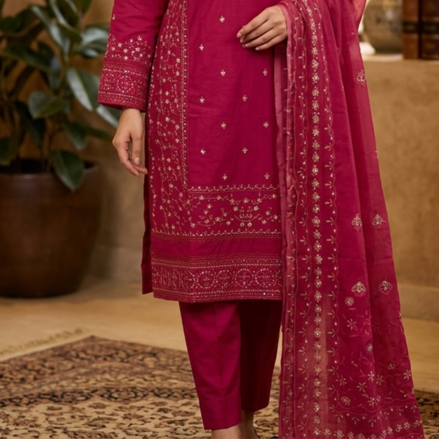 Premium Magenta Embroidered Slub Cotton 3-Piece Summer Suit for Women