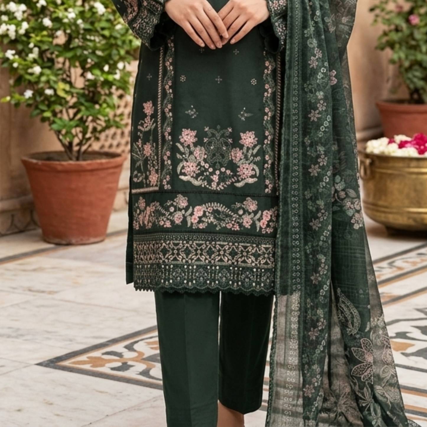 Premium Bottle Green Embroidered Slub Cotton 3-Piece Summer Suit for Women