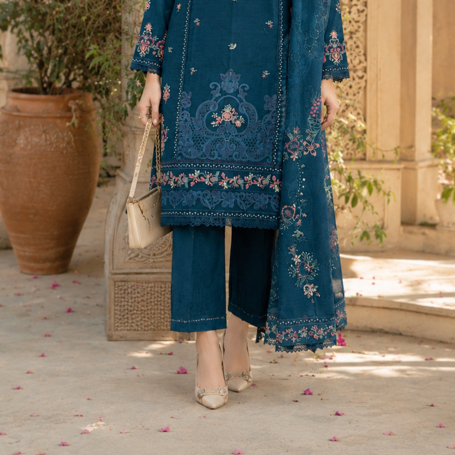 Premium Teal Blue Embroidered Summer Slub Cotton 3-Piece Suit for Women