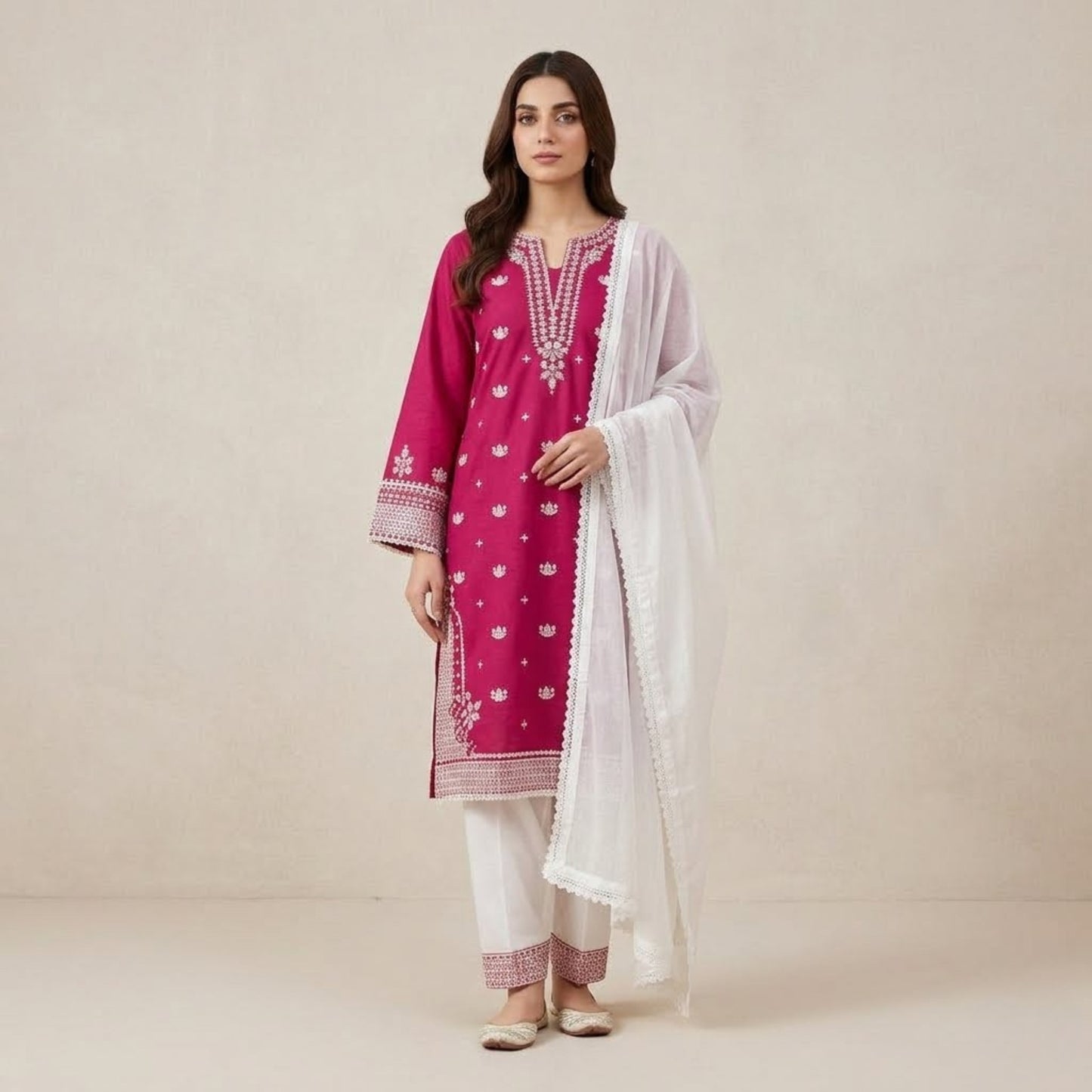 Plain Cotton 3 Piece Magenta Embroidered Suit with Plain Cotton Contrast White Dupatta & Trouser