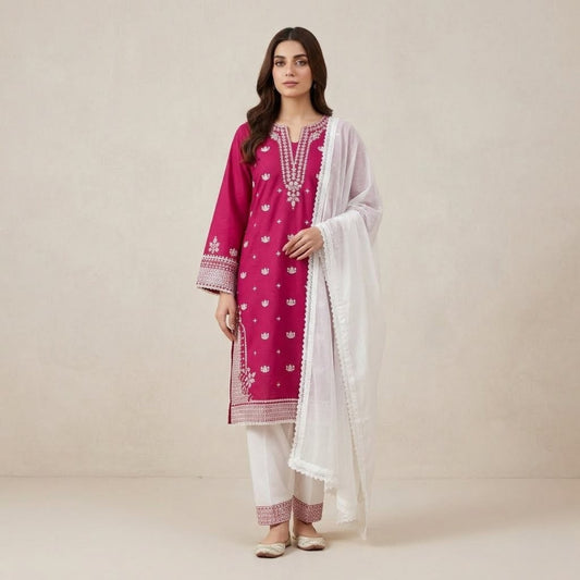 Plain Cotton 3 Piece Magenta Embroidered Suit with Plain Cotton Contrast White Dupatta & Trouser