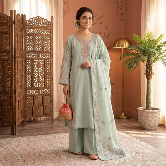 Premium Plain Cotton Embroidered Suit - 3 Piece Luxury Formal Dress