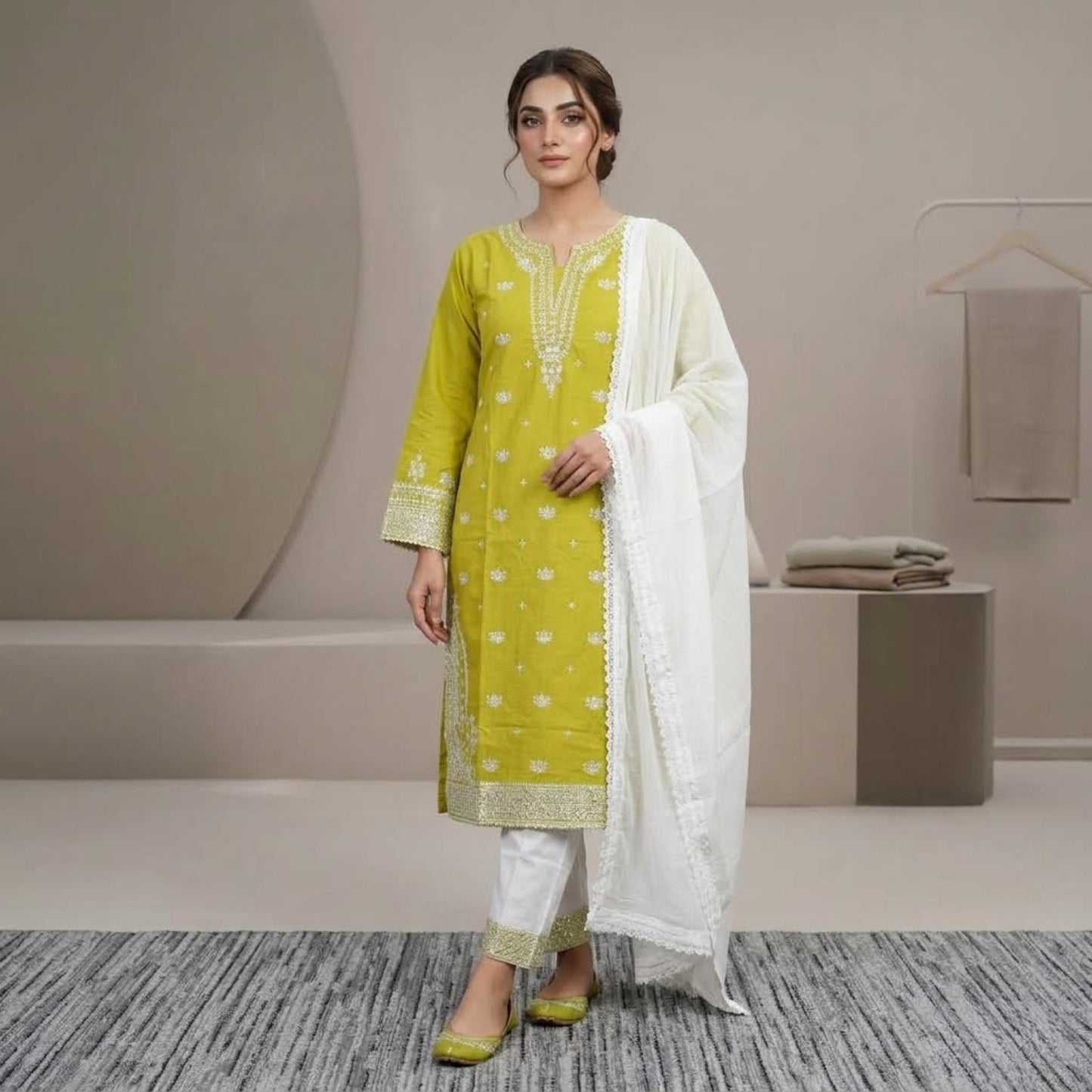 Plain Cotton 3 Piece Magenta Embroidered Suit with Plain Cotton Contrast White Dupatta & Trouser