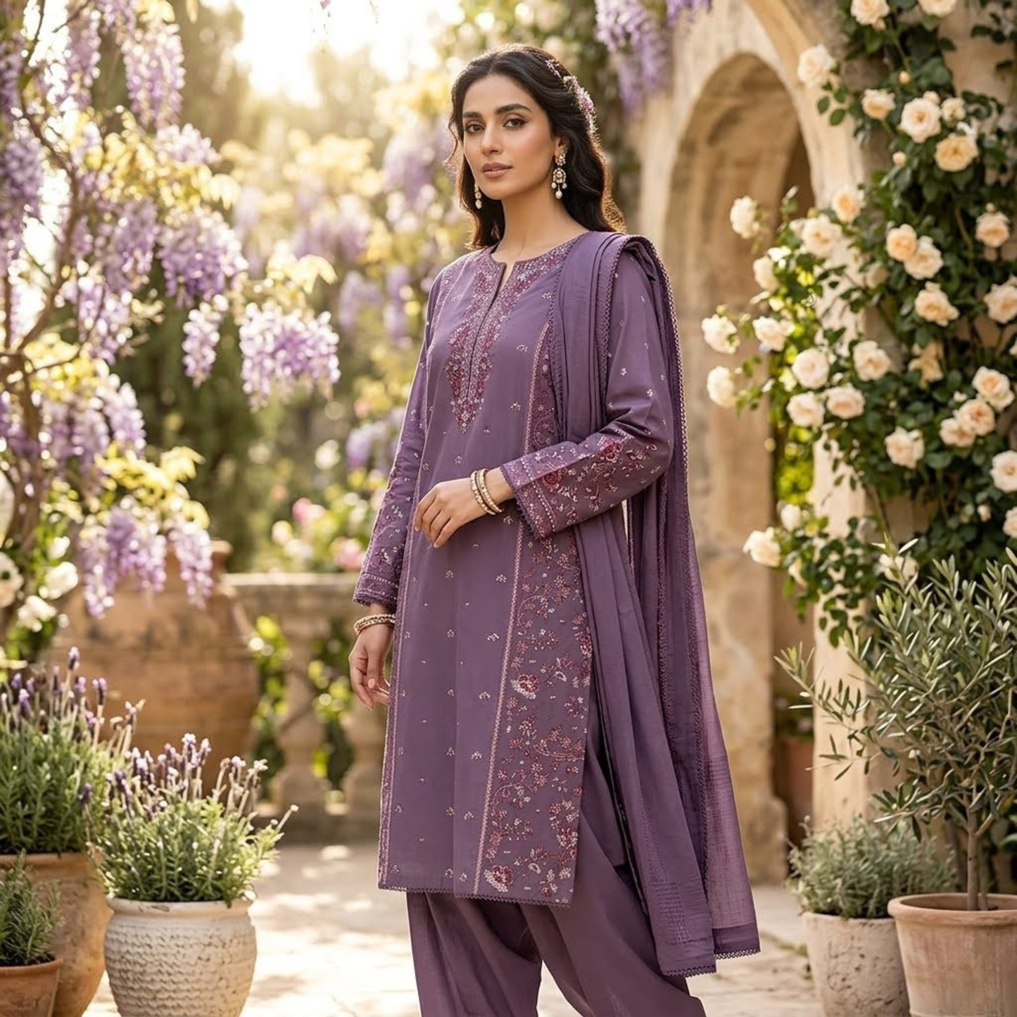 Premium Plain Cotton Embroidered Suit - 3 Piece Luxury Formal Dress