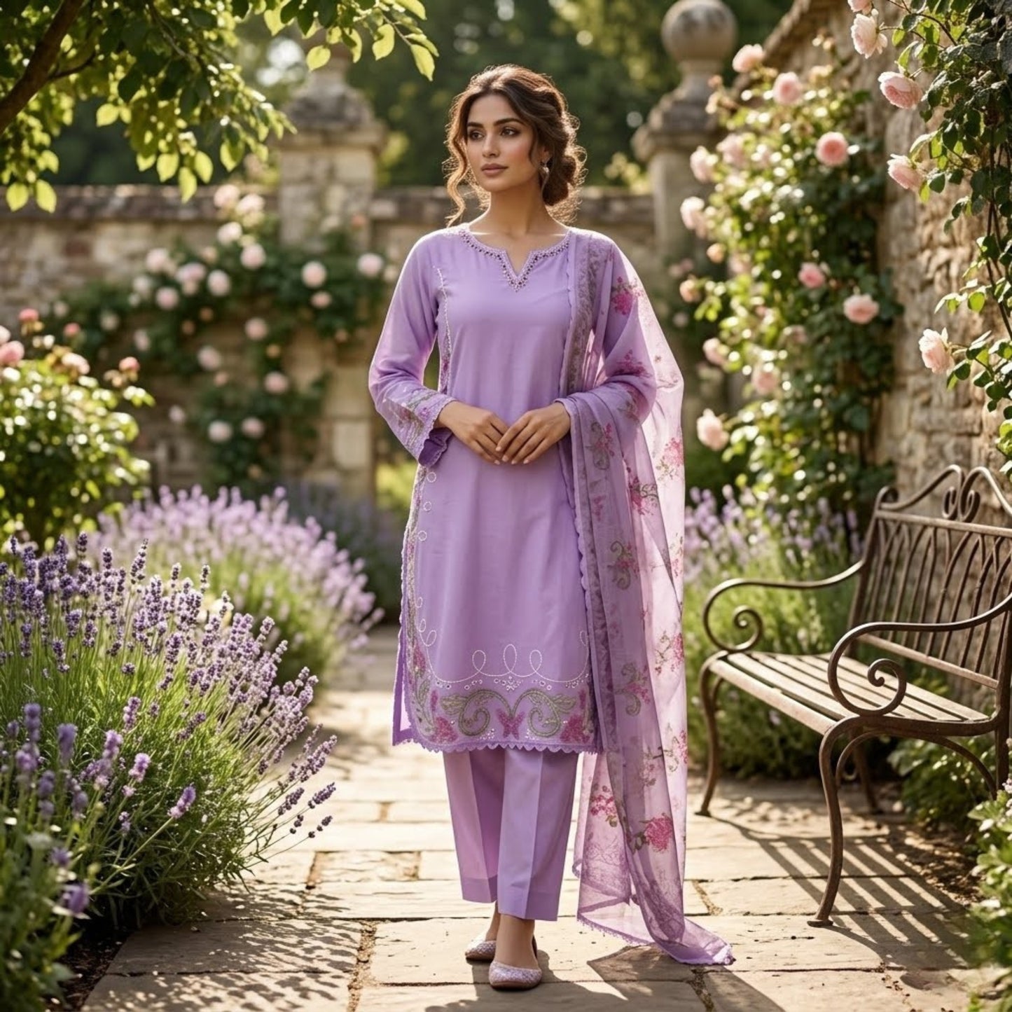 Premium Embroidered Plain Cotton Suit - 3 Piece Unstitched Festive Outfit