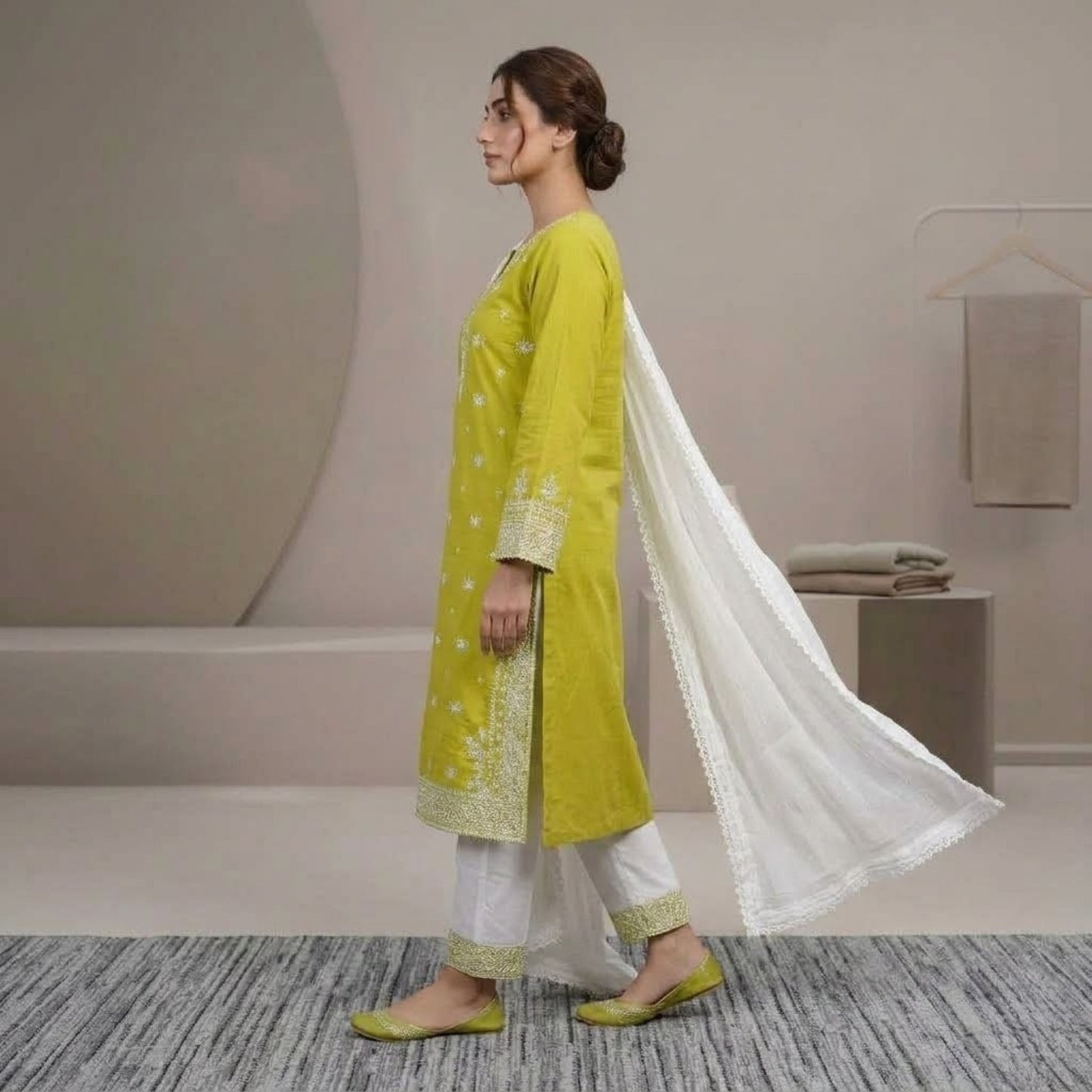 Plain Cotton 3 Piece Magenta Embroidered Suit with Plain Cotton Contrast White Dupatta & Trouser