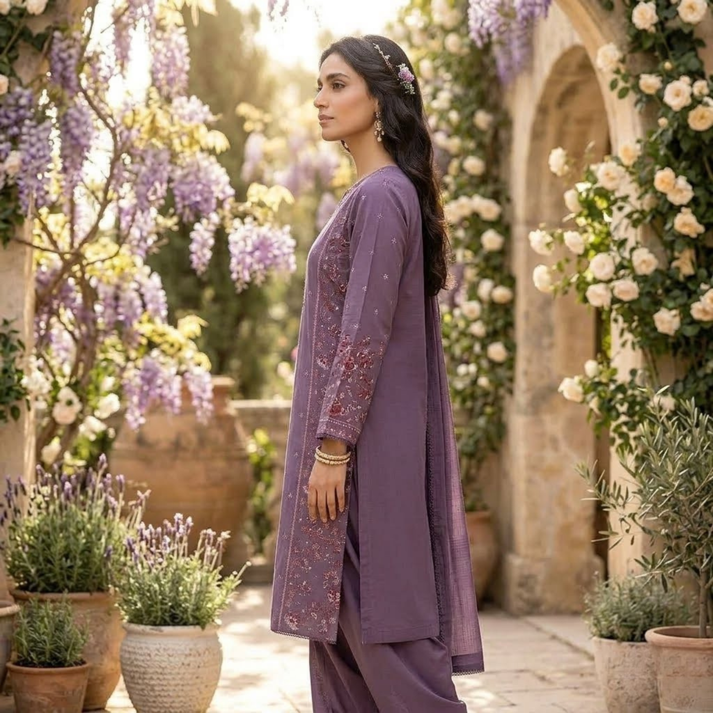 Premium Plain Cotton Embroidered Suit - 3 Piece Luxury Formal Dress