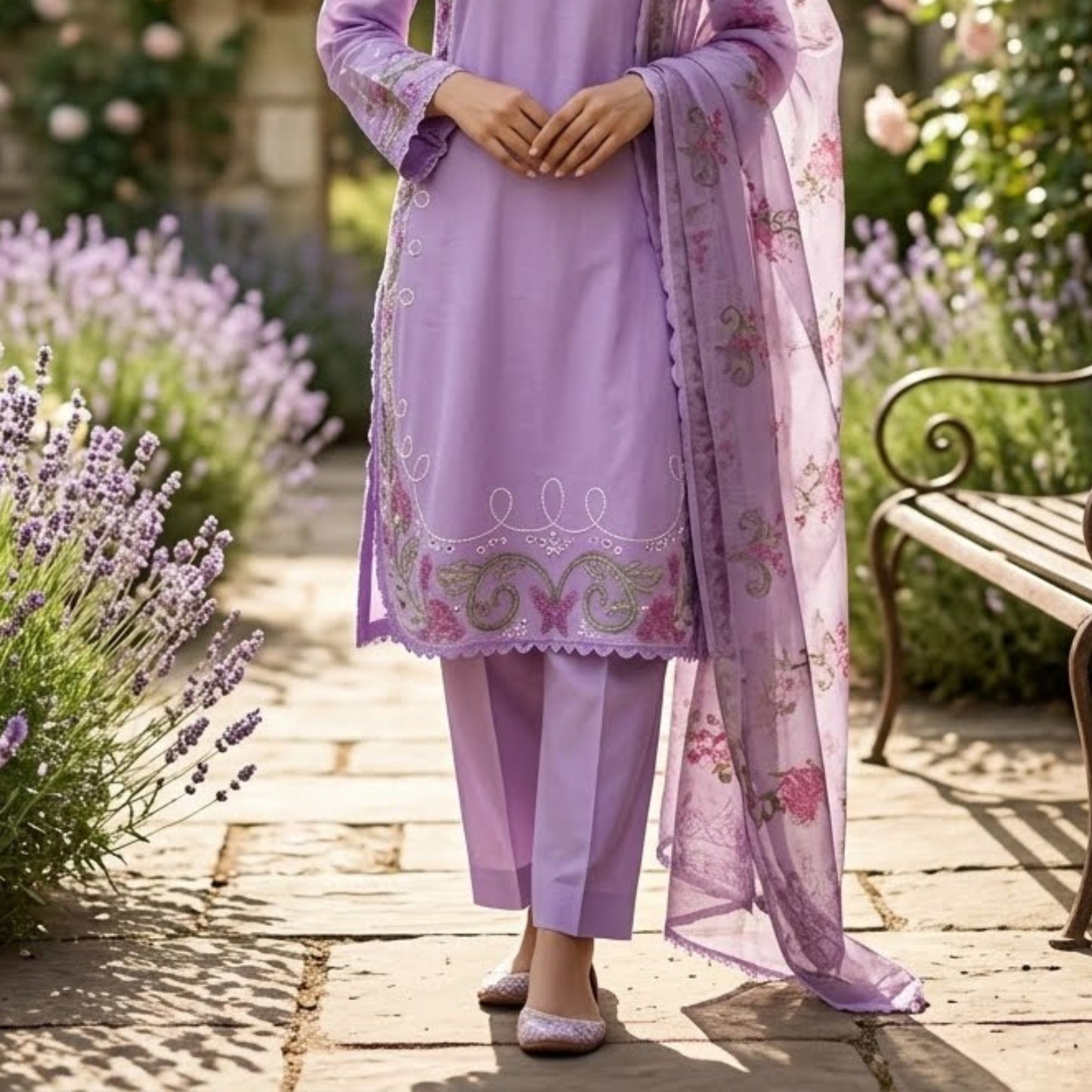 Premium Embroidered Plain Cotton Suit - 3 Piece Unstitched Festive Outfit