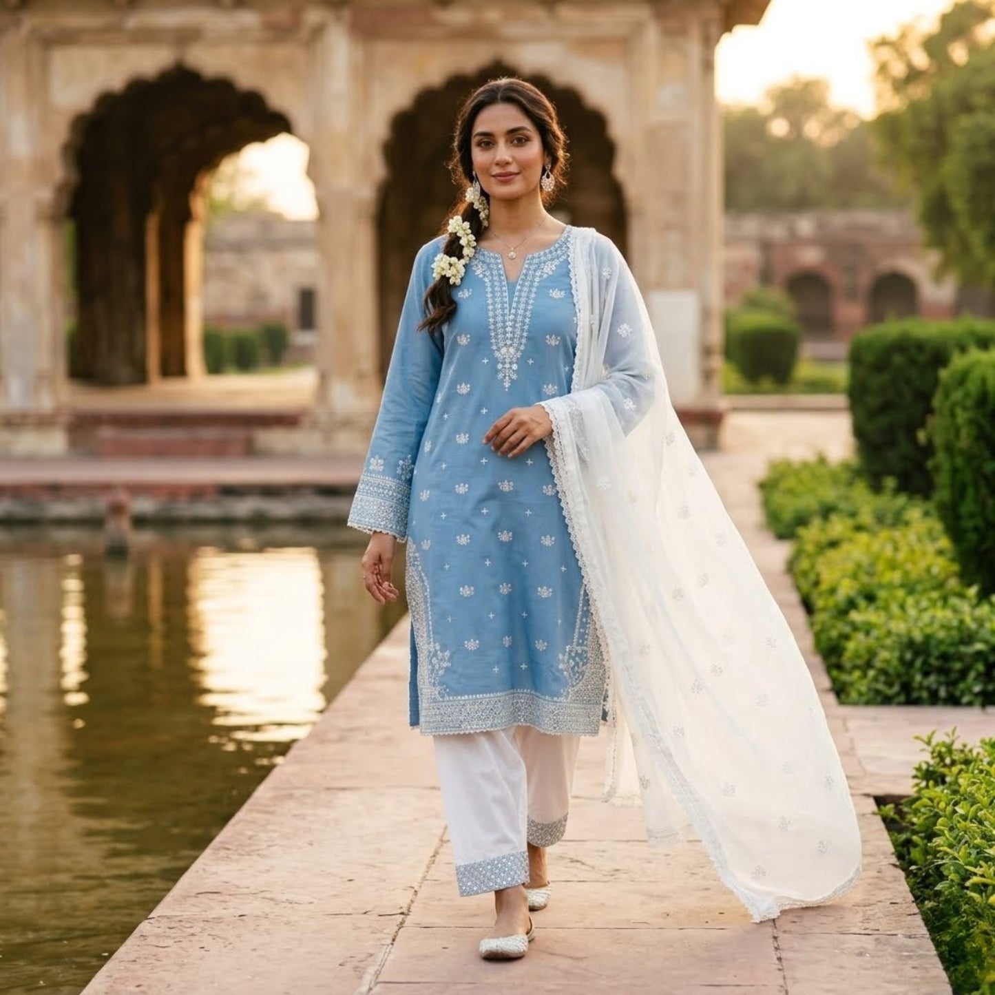 Plain Cotton 3 Piece Magenta Embroidered Suit with Plain Cotton Contrast White Dupatta & Trouser