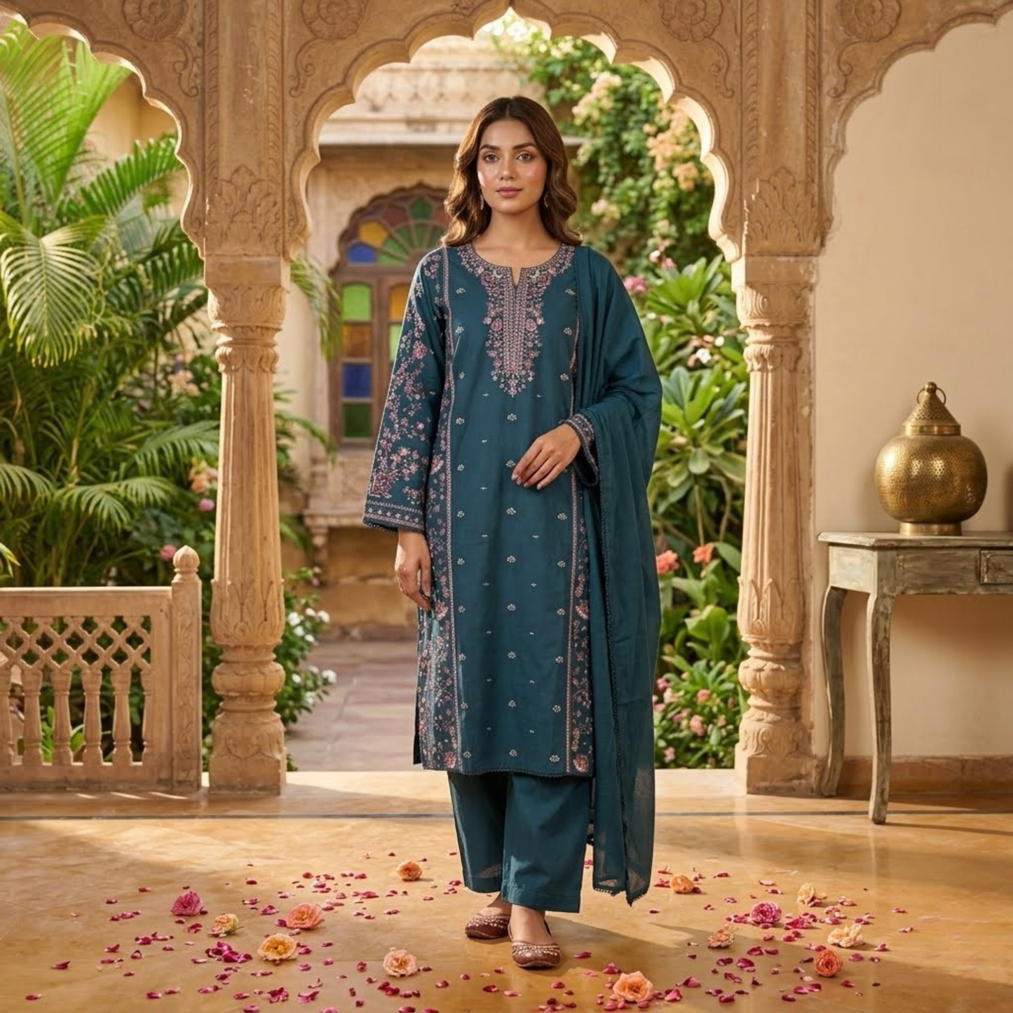 Premium Plain Cotton Embroidered Suit - 3 Piece Luxury Formal Dress