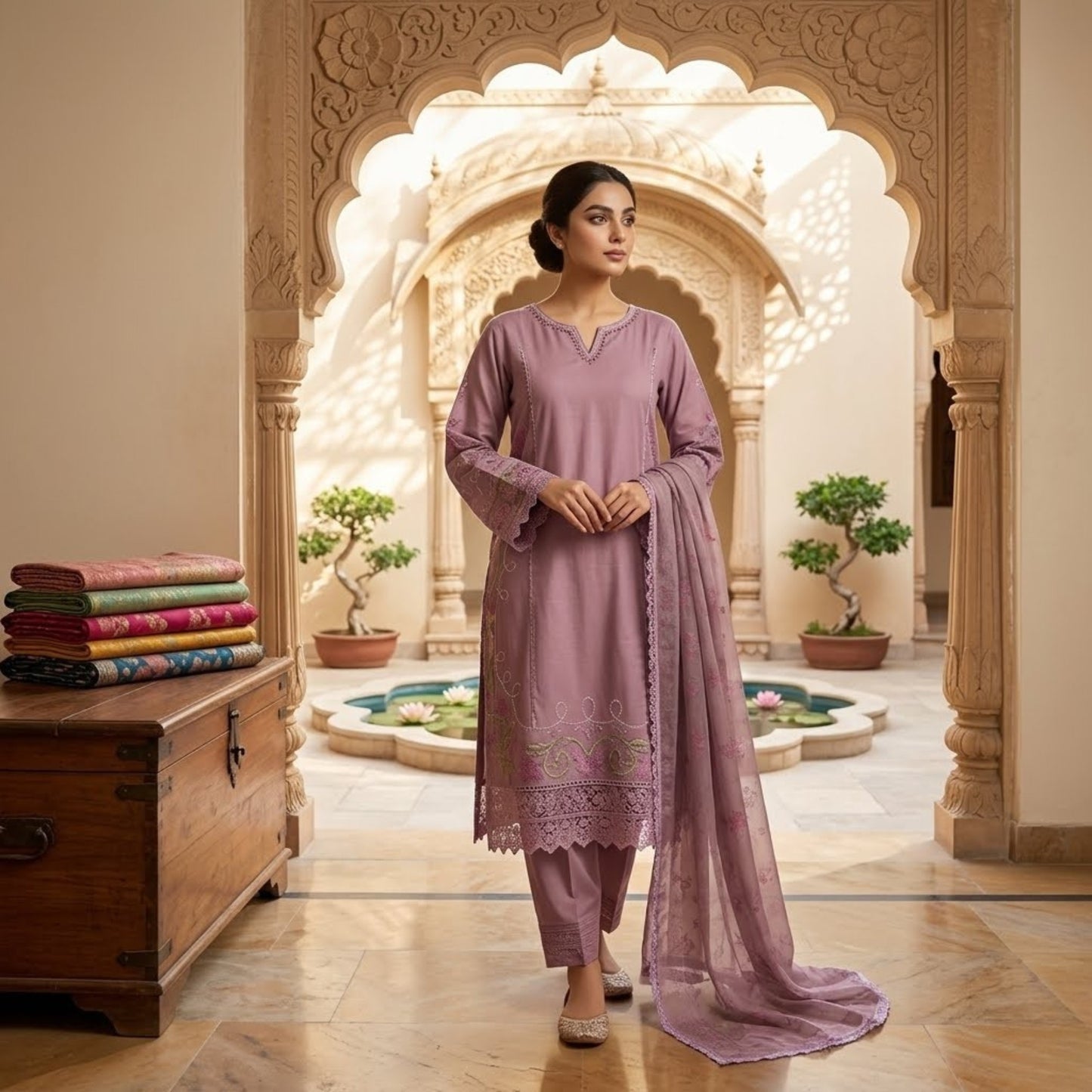 Premium Embroidered Plain Cotton Suit - 3 Piece Unstitched Festive Outfit