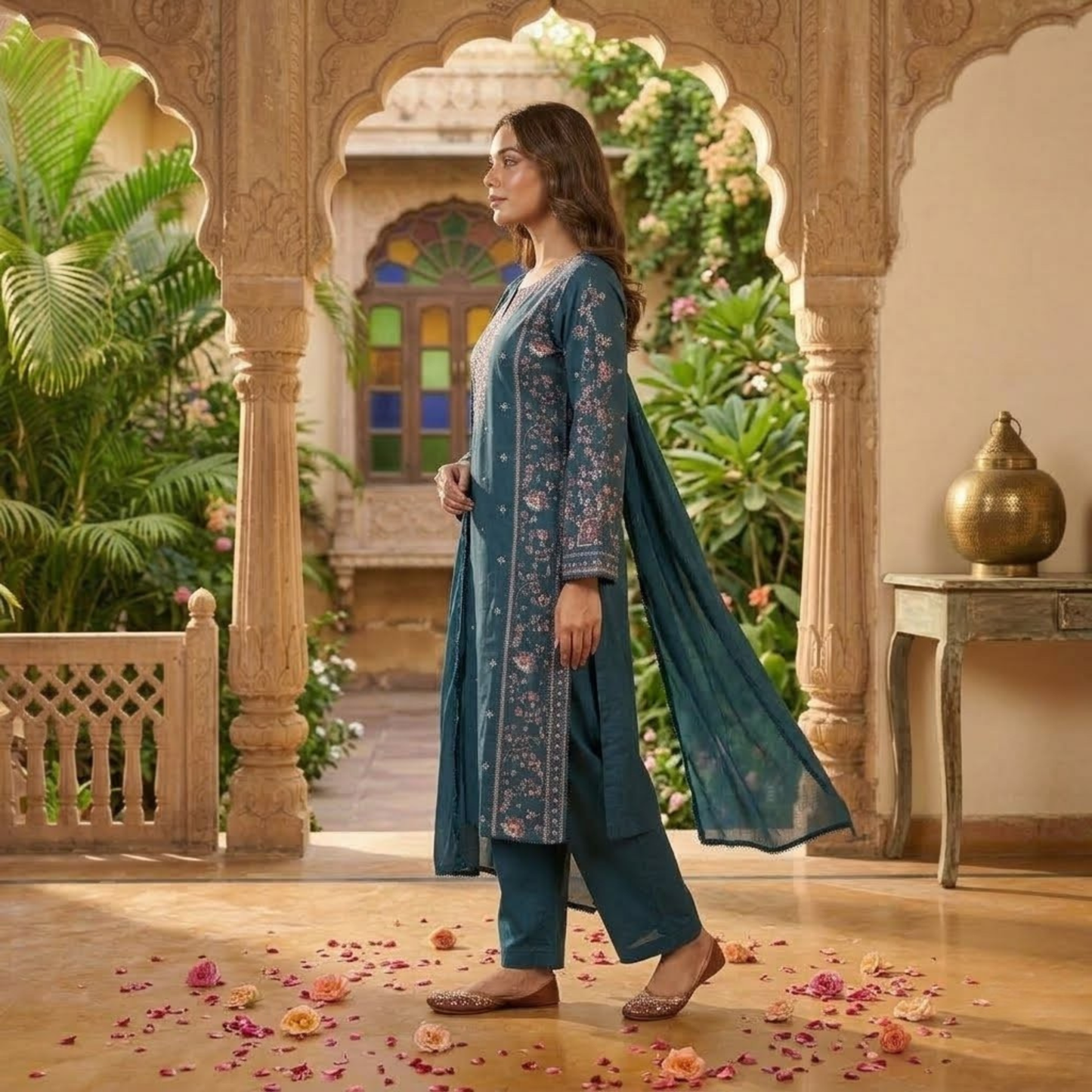 Premium Plain Cotton Embroidered Suit - 3 Piece Luxury Formal Dress