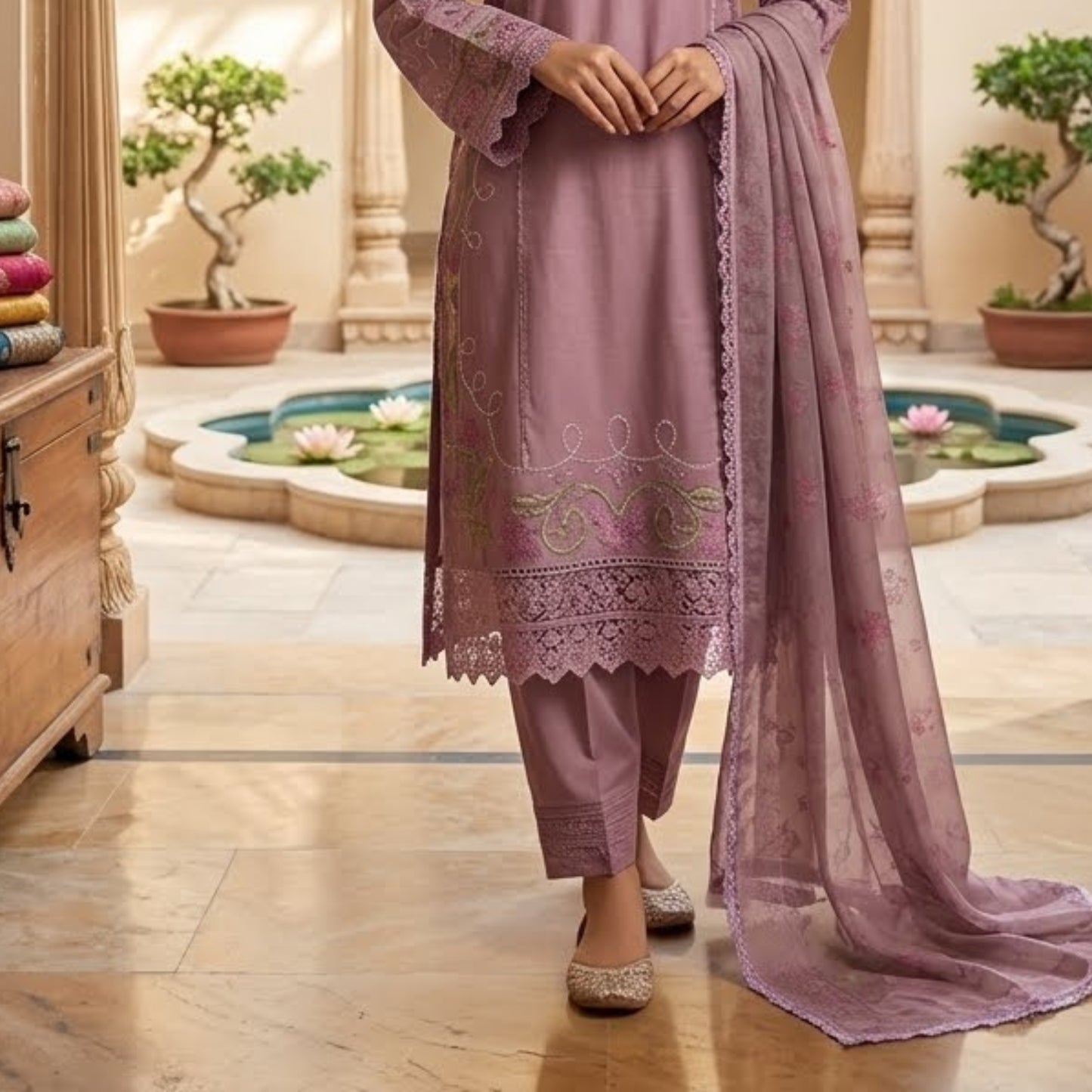 Premium Embroidered Plain Cotton Suit - 3 Piece Unstitched Festive Outfit