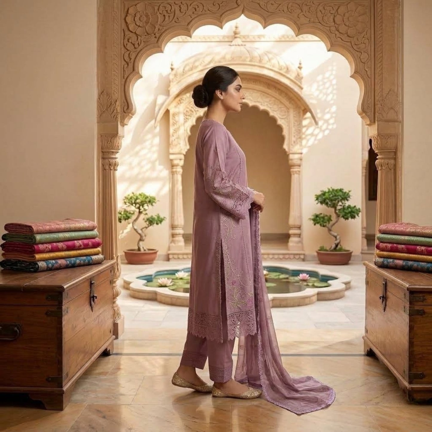 Premium Embroidered Plain Cotton Suit - 3 Piece Unstitched Festive Outfit