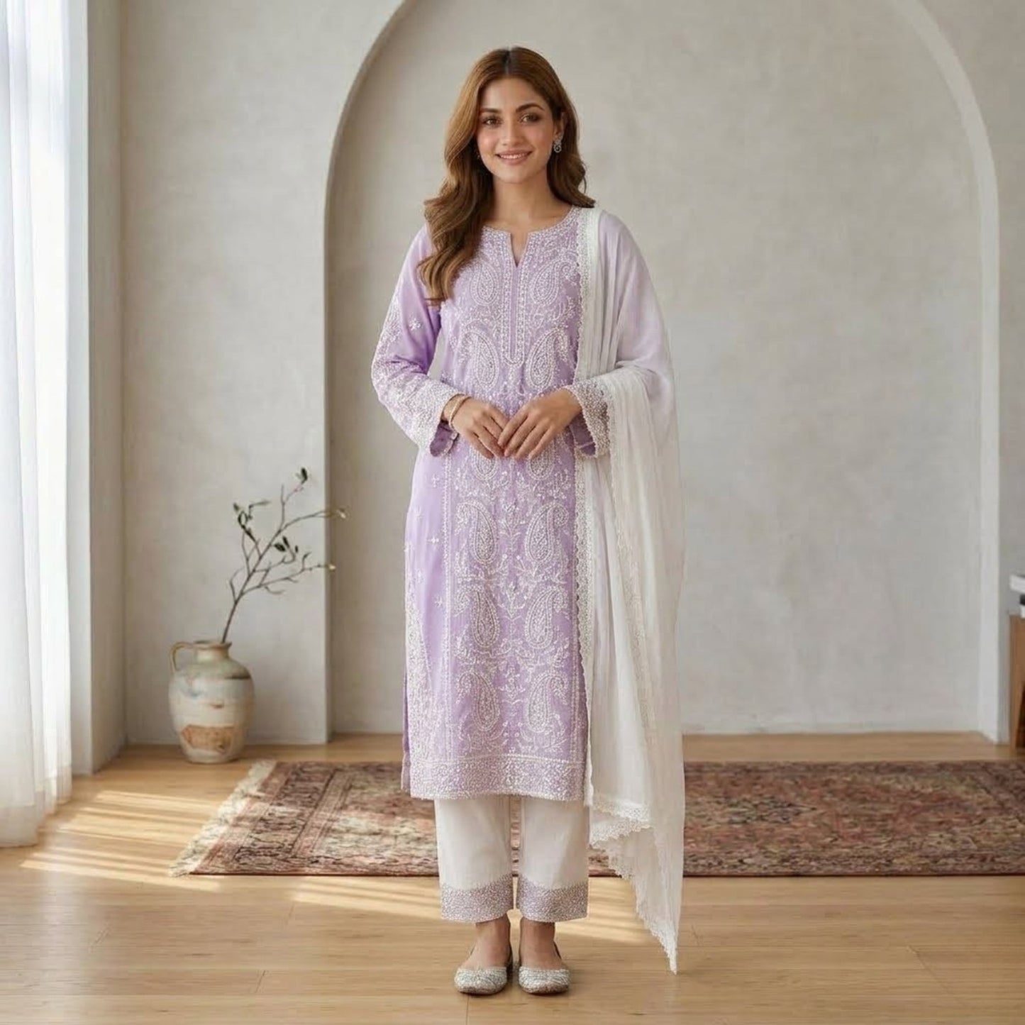 Plain Cotton 3 Piece Magenta Embroidered Suit with Plain Cotton Contrast White Dupatta & Trouser