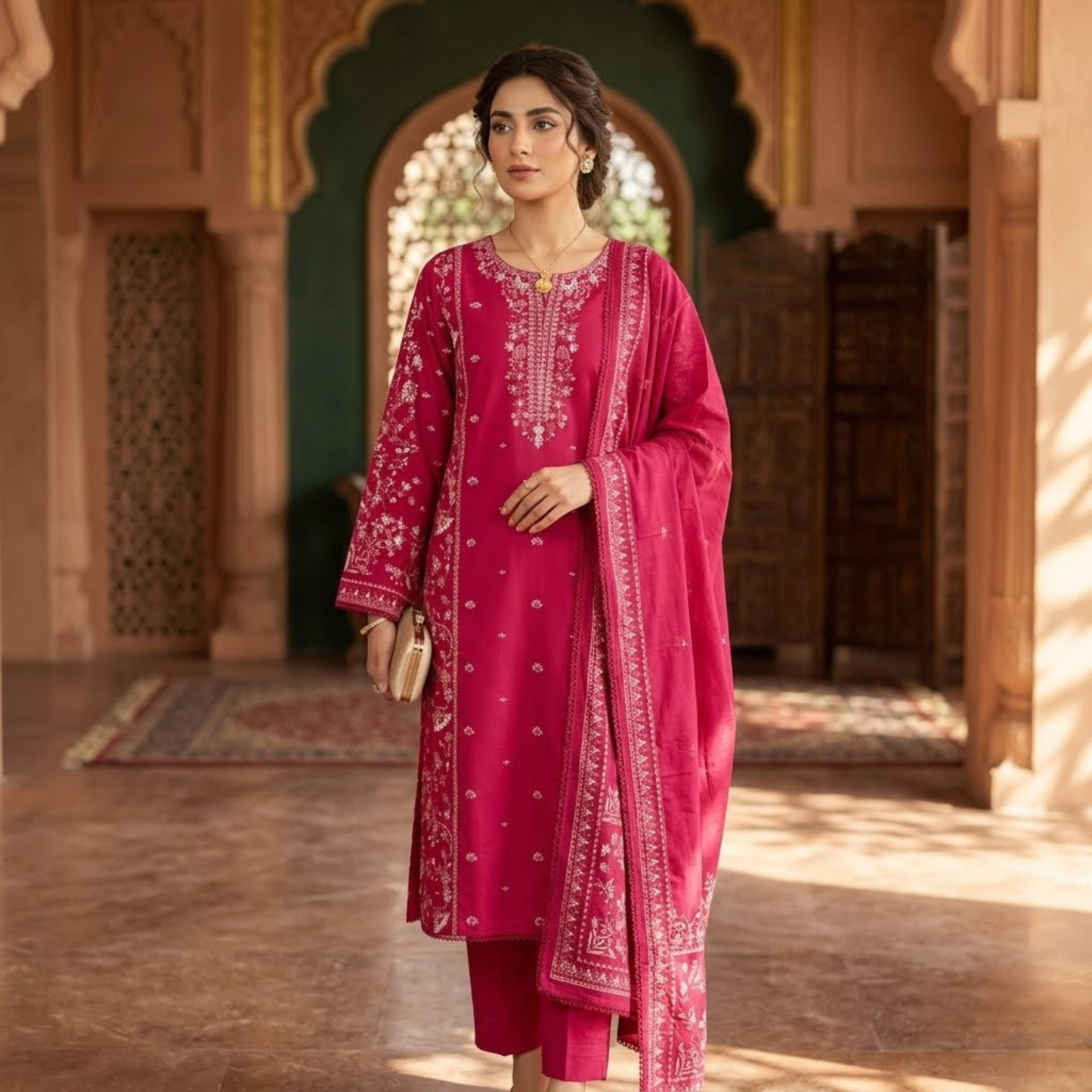 Premium Plain Cotton Embroidered Suit - 3 Piece Luxury Formal Dress
