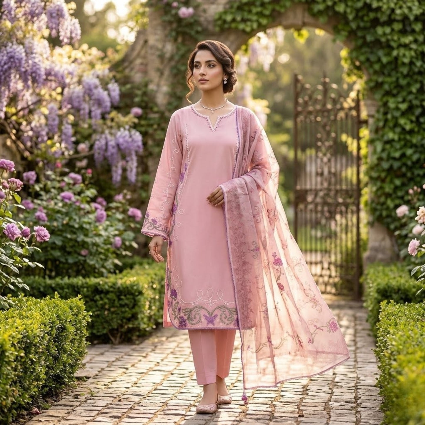 Premium Embroidered Plain Cotton Suit - 3 Piece Unstitched Festive Outfit