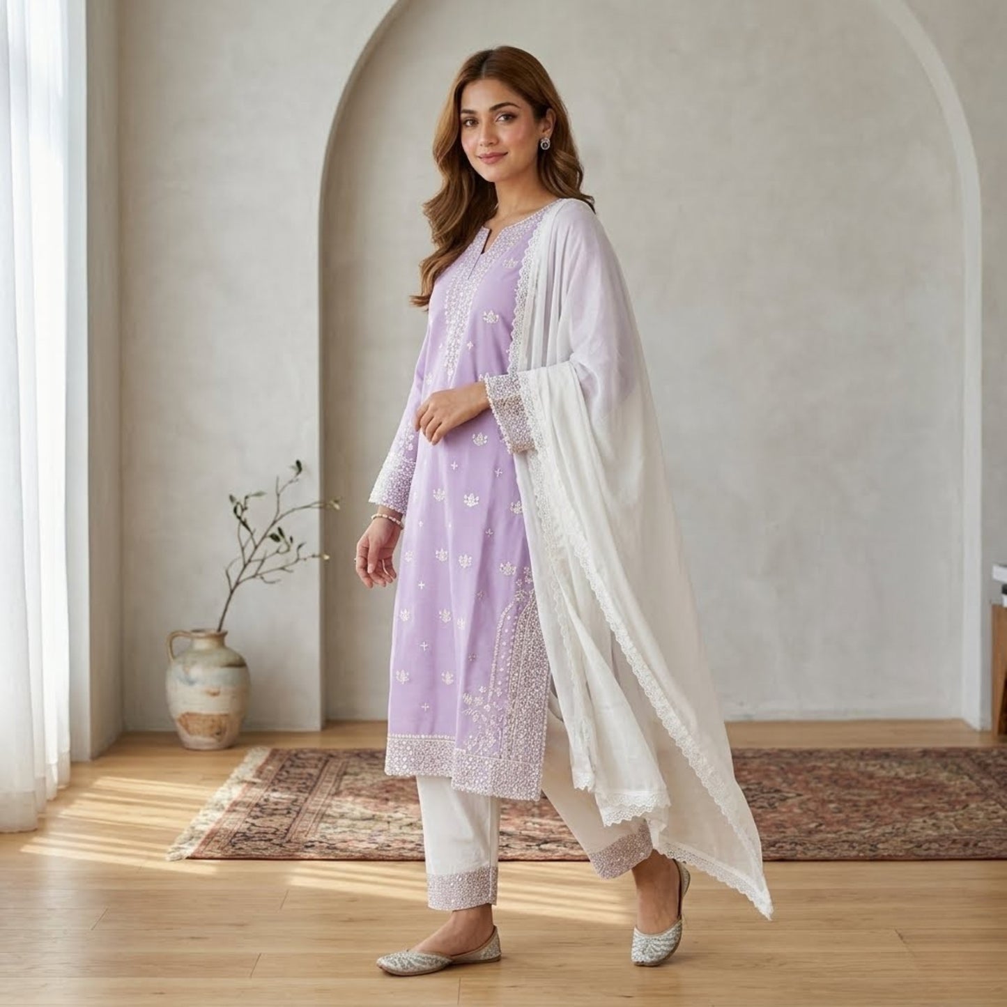 Plain Cotton 3 Piece Magenta Embroidered Suit with Plain Cotton Contrast White Dupatta & Trouser