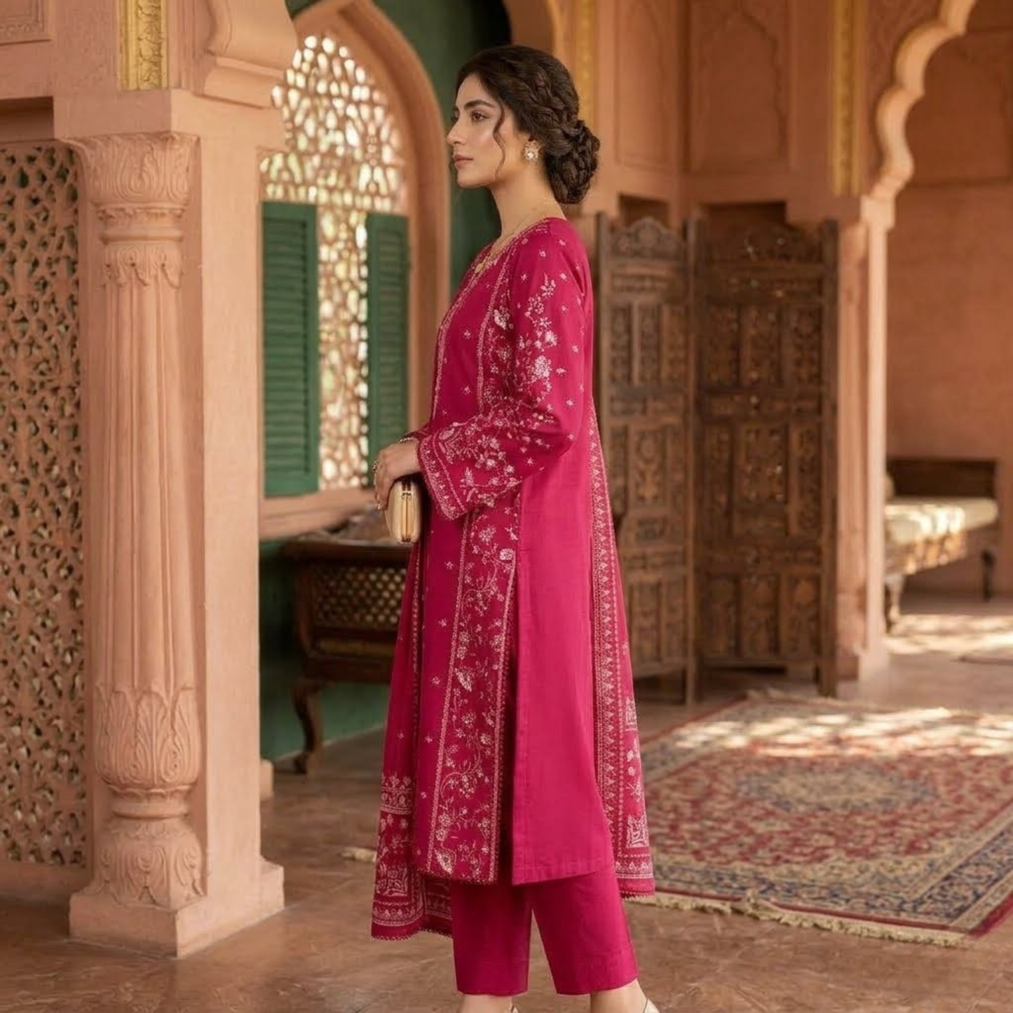 Premium Plain Cotton Embroidered Suit - 3 Piece Luxury Formal Dress