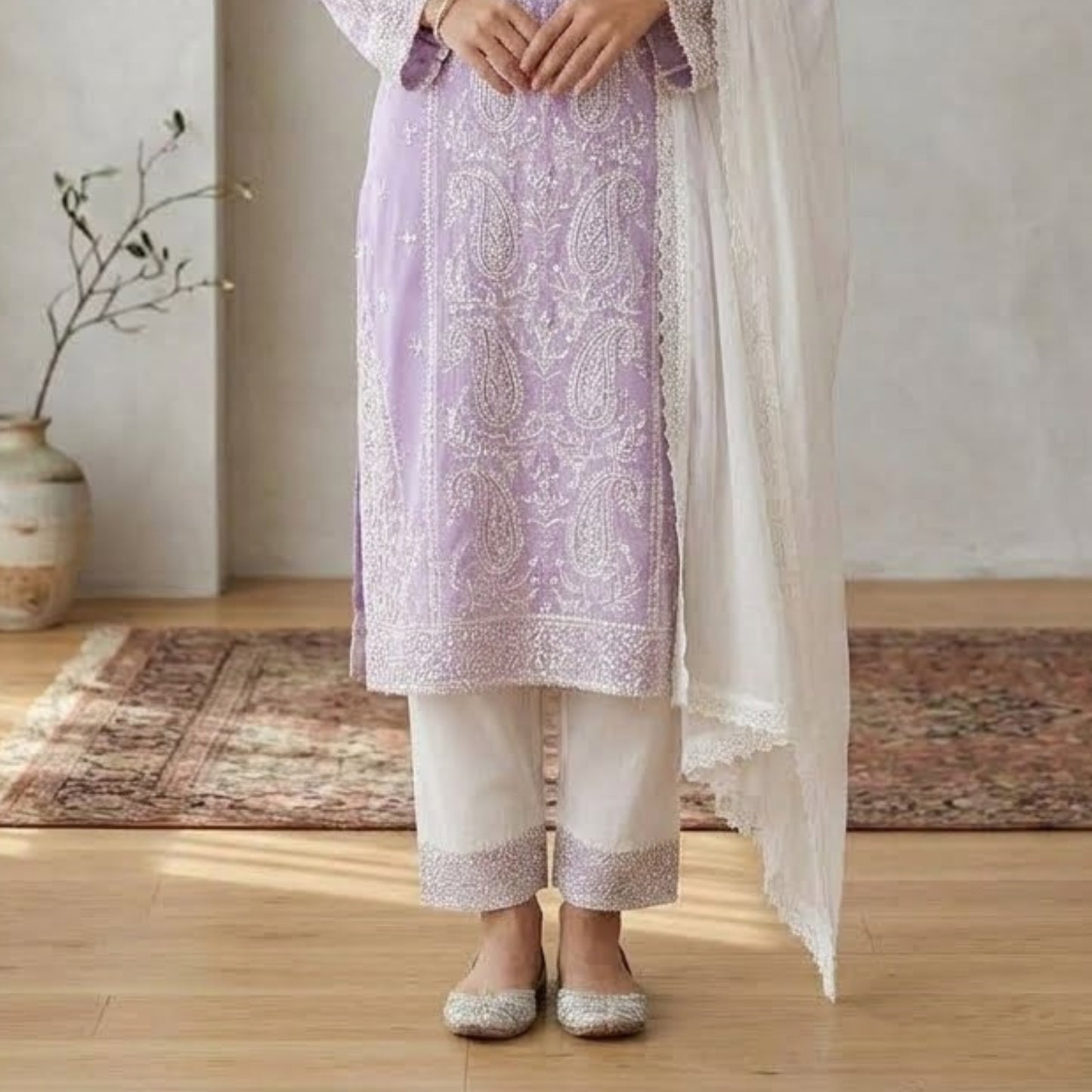 Plain Cotton 3 Piece Magenta Embroidered Suit with Plain Cotton Contrast White Dupatta & Trouser