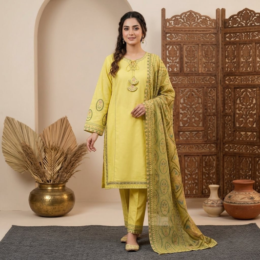 Premium Plain Cotton Embroidered Suit - 3 Piece Luxury Formal Dress for Women