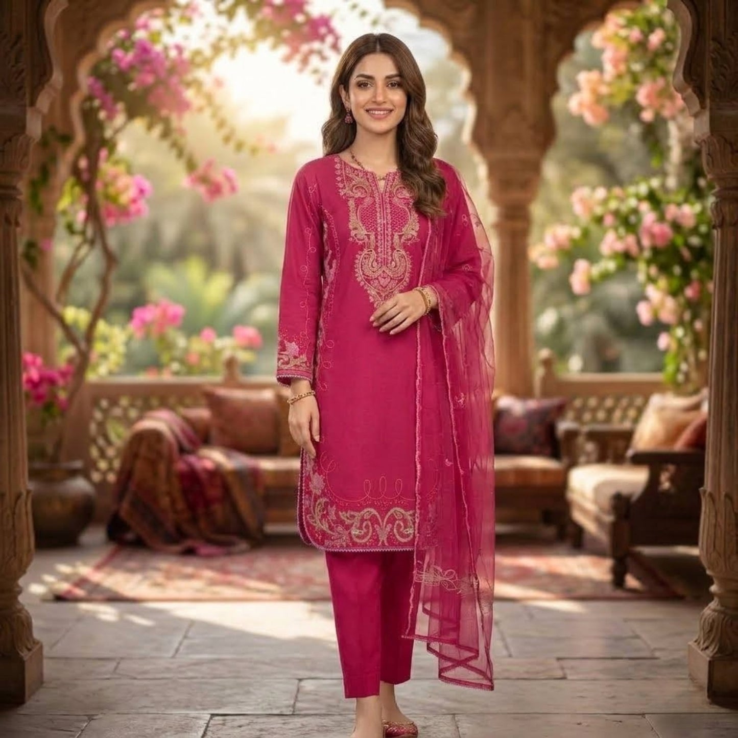 Premium Embroidered Plain Cotton Suit - 3 Piece Unstitched Festive Outfit