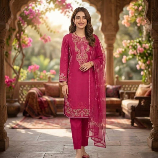Premium Embroidered Plain Cotton Suit - 3 Piece Unstitched Festive Outfit