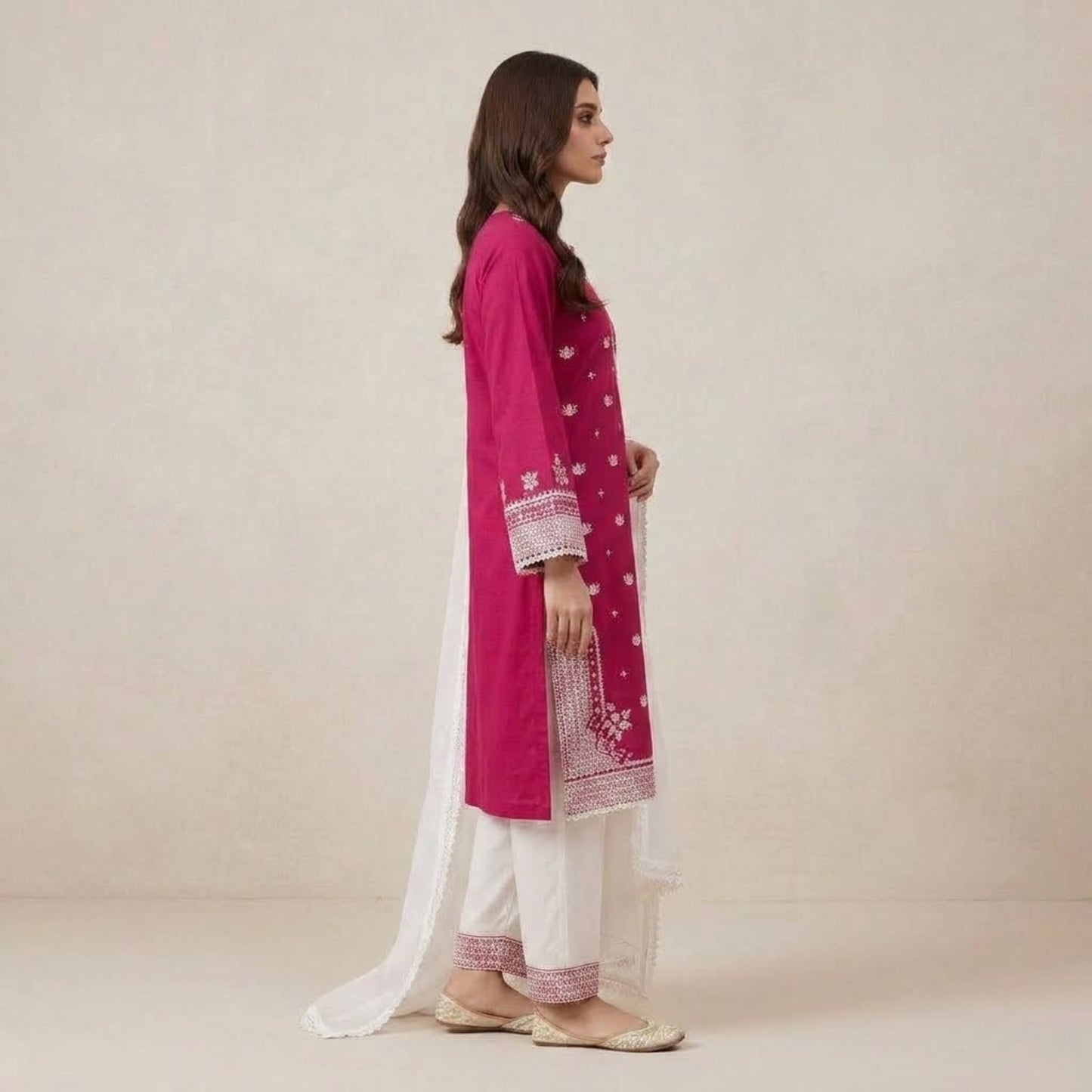 Plain Cotton 3 Piece Magenta Embroidered Suit with Plain Cotton Contrast White Dupatta & Trouser