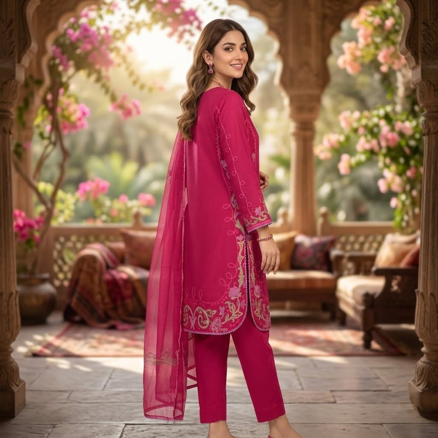 Premium Embroidered Plain Cotton Suit - 3 Piece Unstitched Festive Outfit