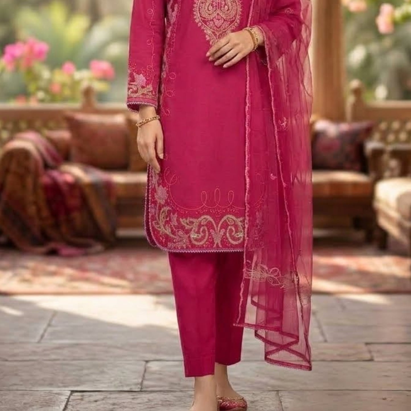Premium Embroidered Plain Cotton Suit - 3 Piece Unstitched Festive Outfit