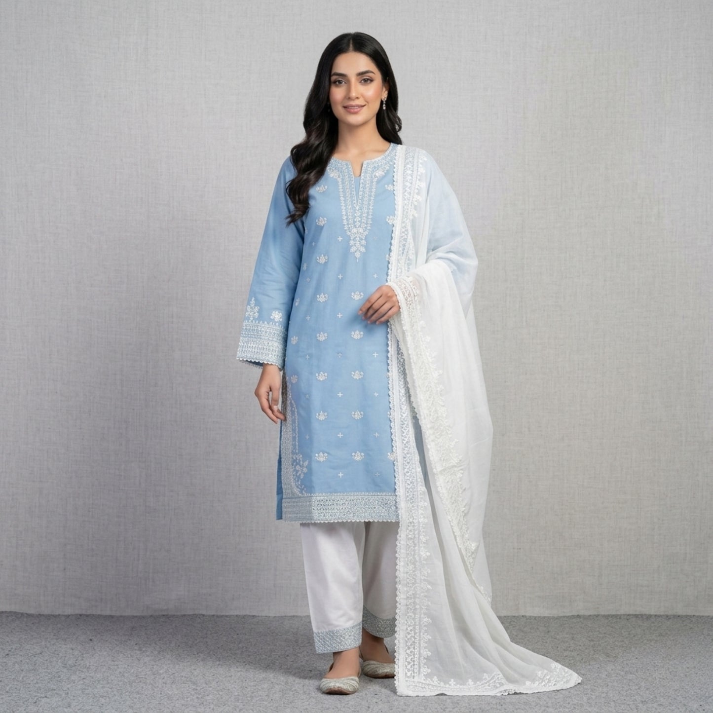 Plain Cotton 3 Piece Magenta Embroidered Suit with Plain Cotton Contrast White Dupatta & Trouser