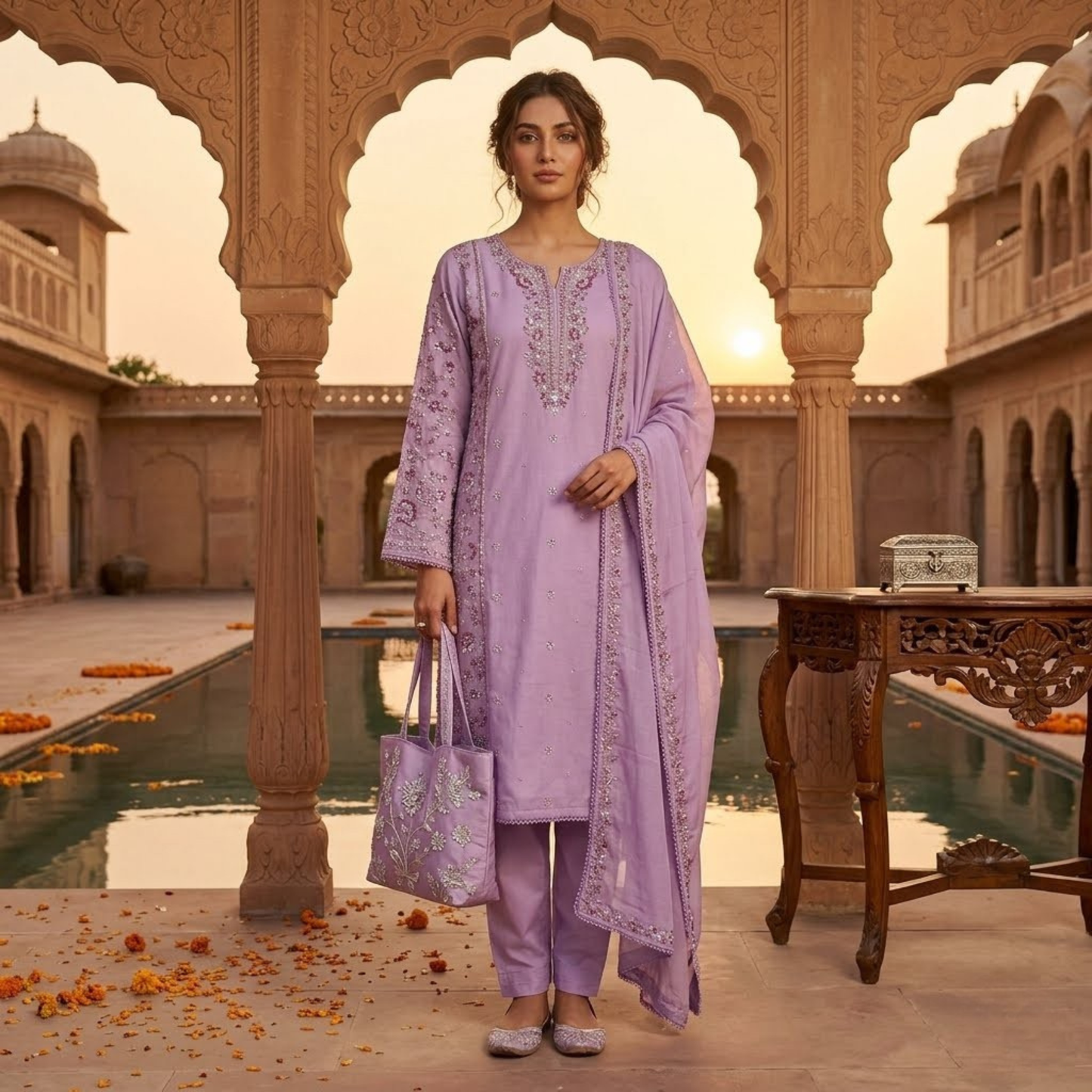 Premium Plain Cotton Embroidered Suit - 3 Piece Luxury Formal Dress