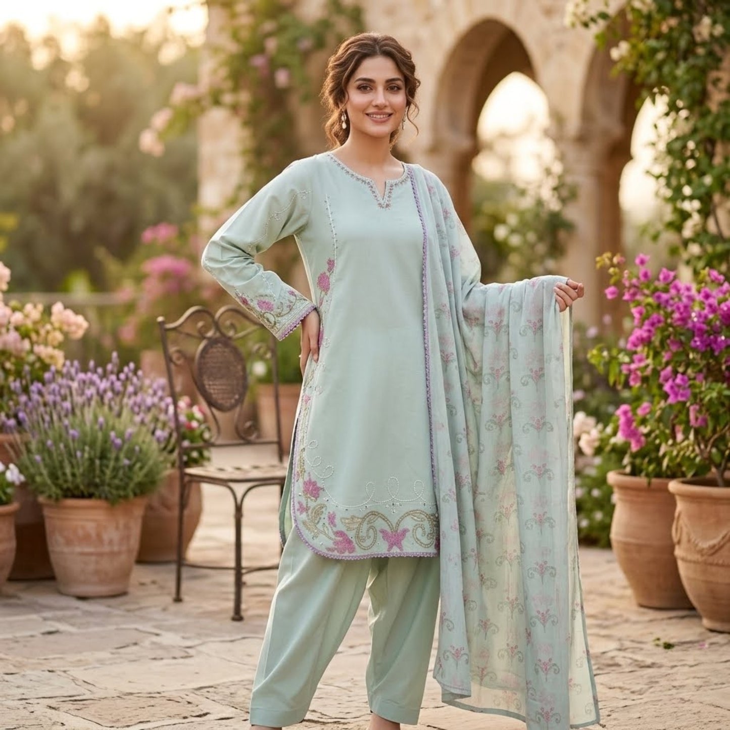 Premium Embroidered Plain Cotton Suit - 3 Piece Unstitched Festive Outfit