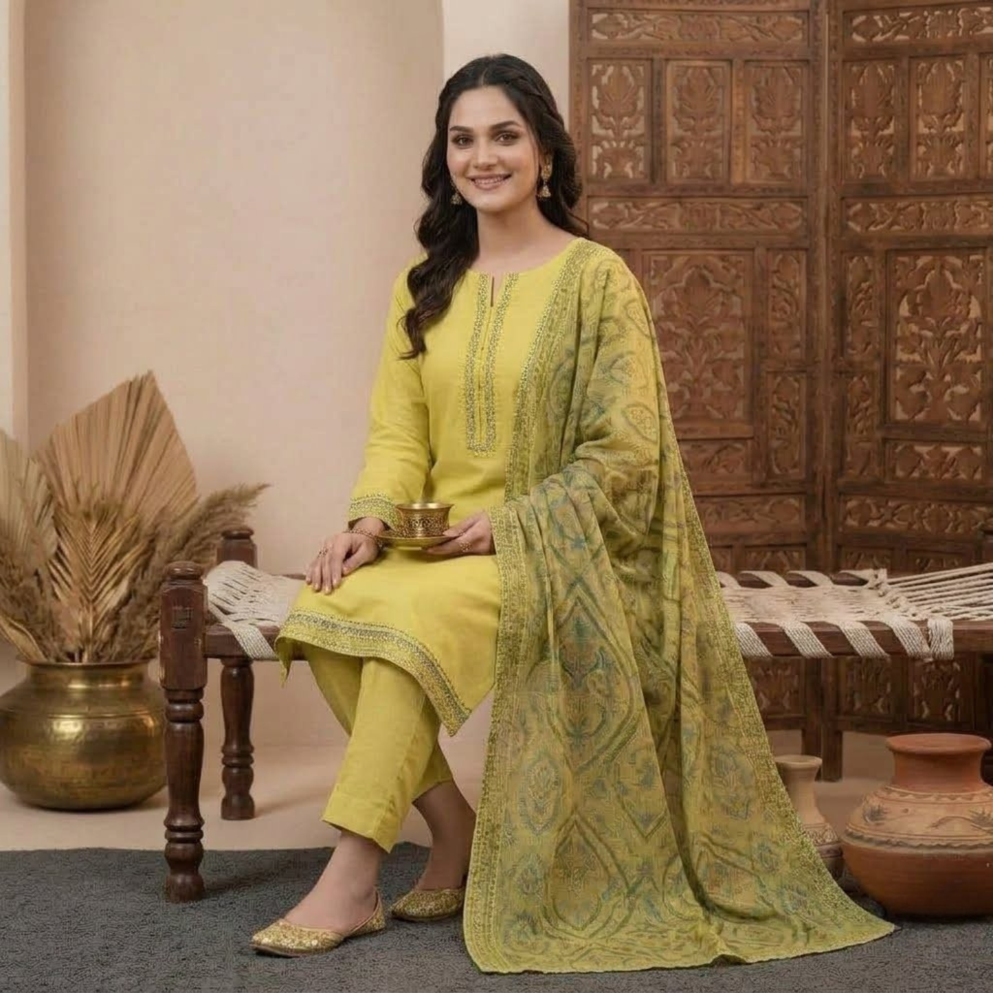 Premium Plain Cotton Embroidered Suit - 3 Piece Luxury Formal Dress for Women
