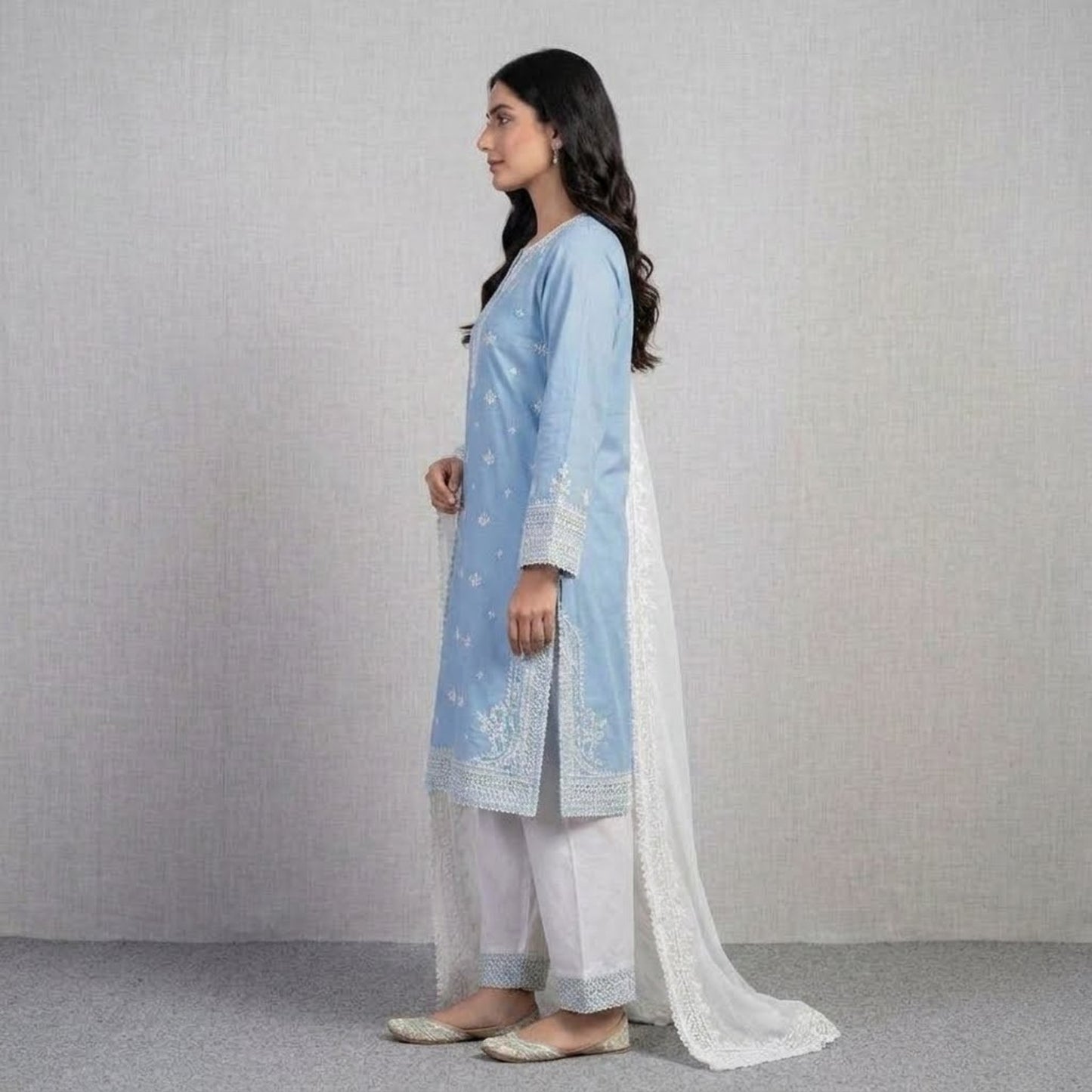 Plain Cotton 3 Piece Magenta Embroidered Suit with Plain Cotton Contrast White Dupatta & Trouser