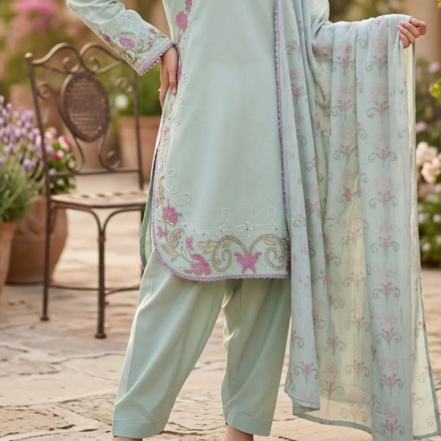 Premium Embroidered Plain Cotton Suit - 3 Piece Unstitched Festive Outfit