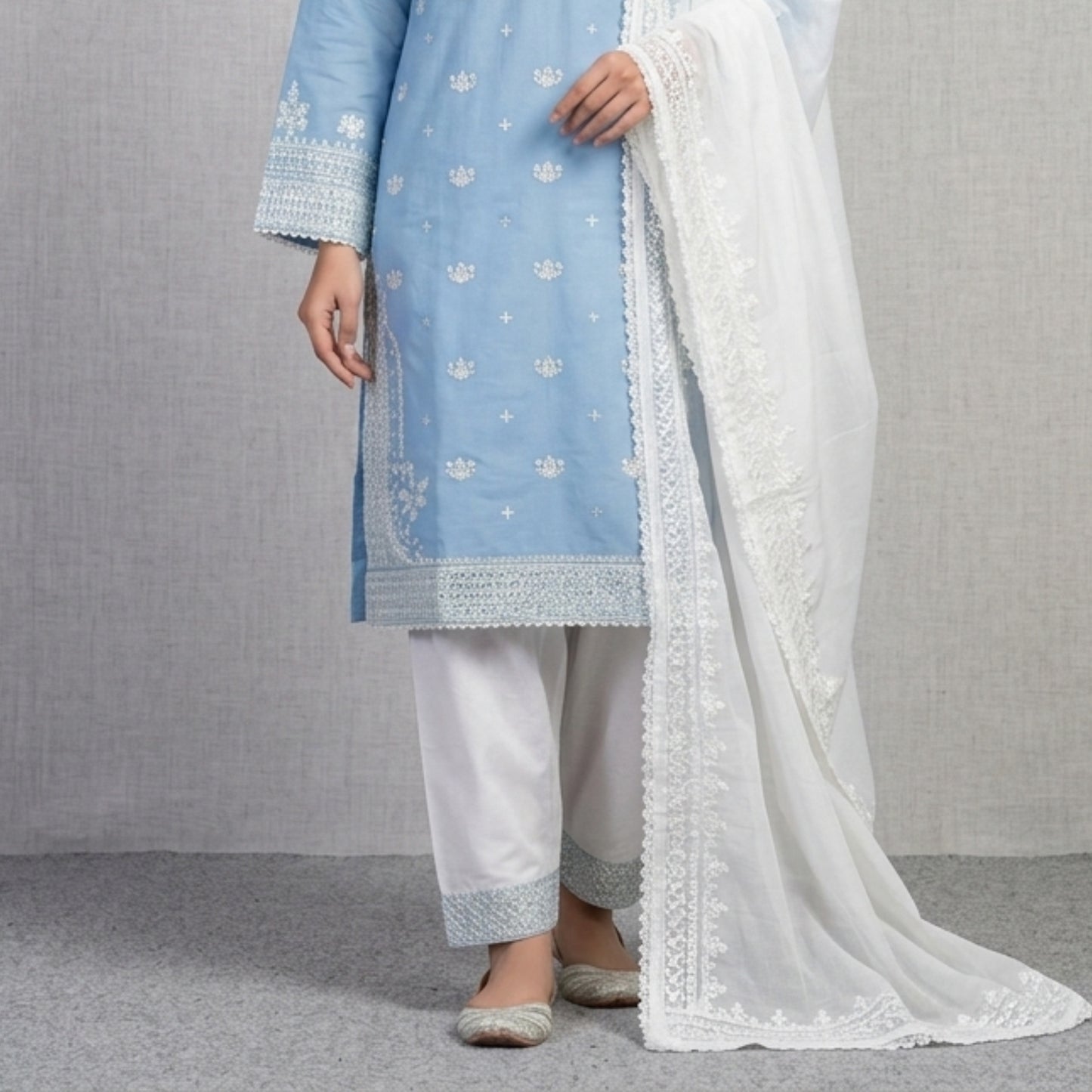 Plain Cotton 3 Piece Magenta Embroidered Suit with Plain Cotton Contrast White Dupatta & Trouser