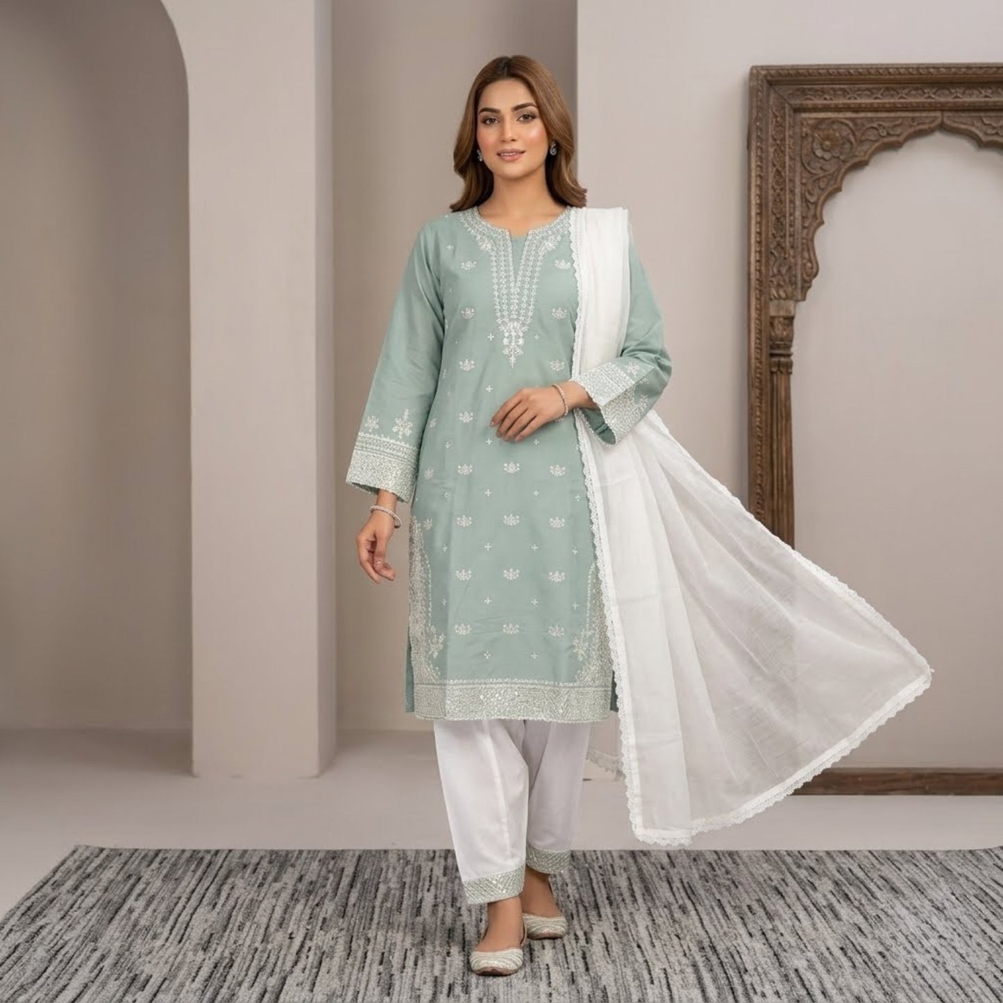 Plain Cotton 3 Piece Magenta Embroidered Suit with Plain Cotton Contrast White Dupatta & Trouser