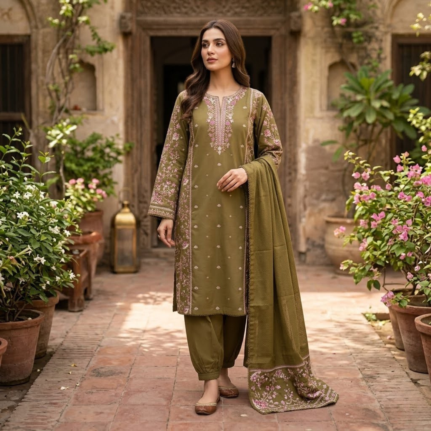 Premium Plain Cotton Embroidered Suit - 3 Piece Luxury Formal Dress