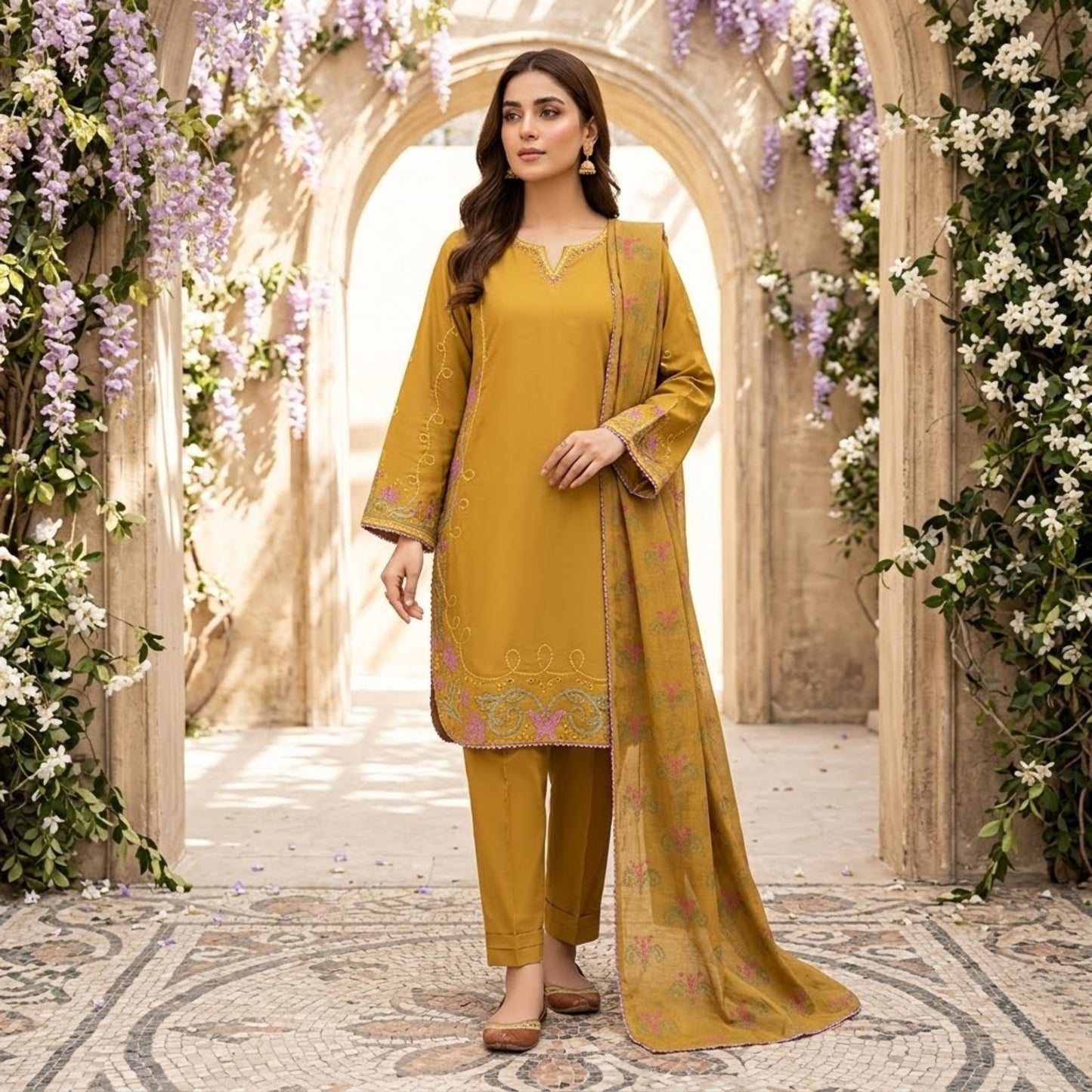 Premium Embroidered Plain Cotton Suit - 3 Piece Unstitched Festive Outfit