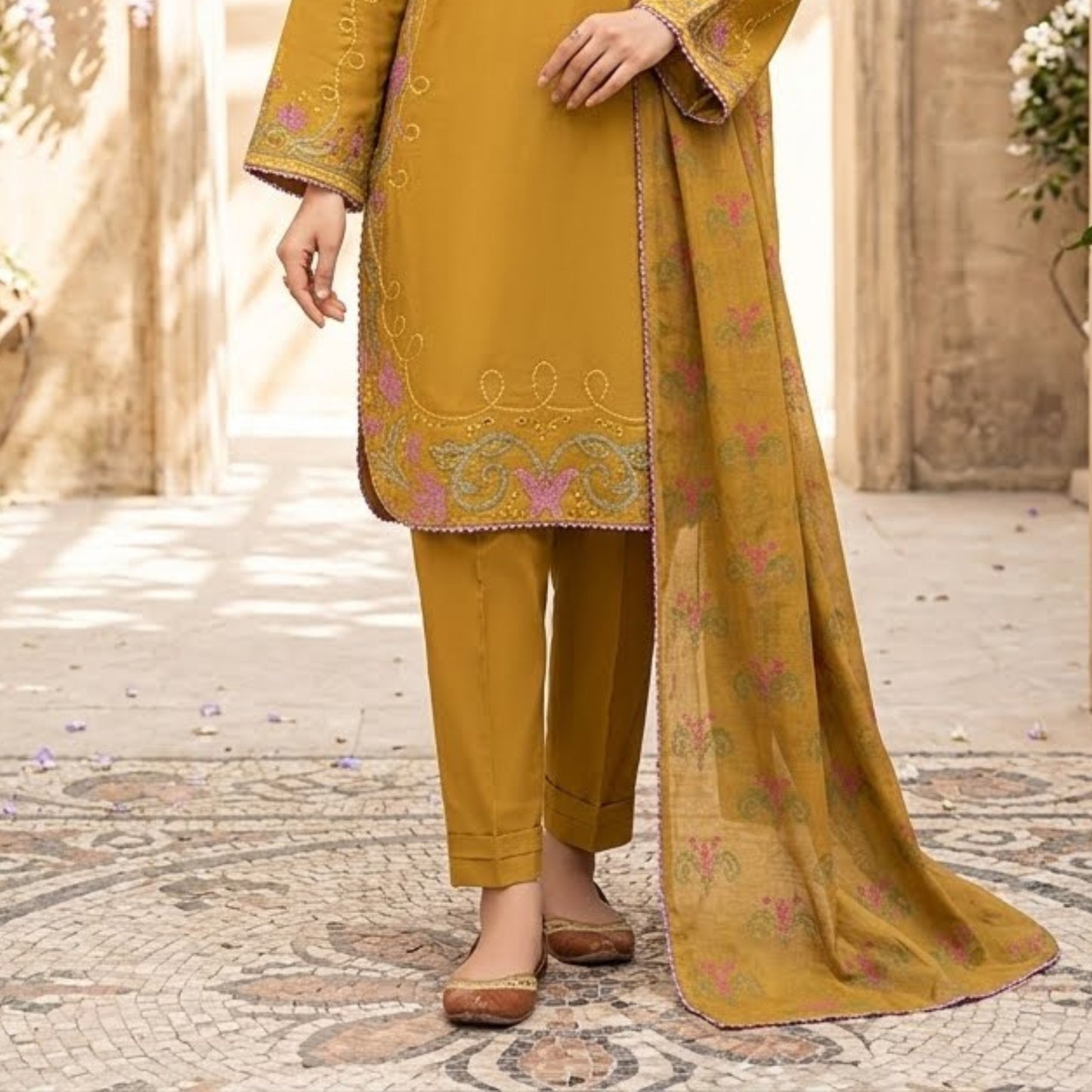 Premium Embroidered Plain Cotton Suit - 3 Piece Unstitched Festive Outfit