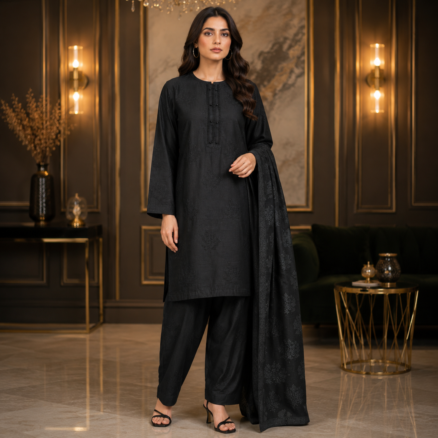Premium Black Embroidered Slub Cotton 3-Piece Shalwar Kameez Suit for Women