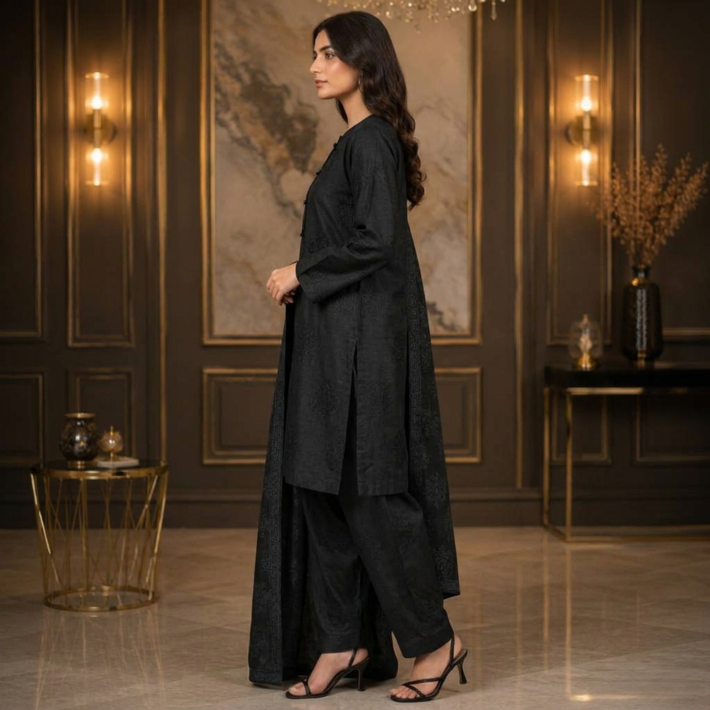 Premium Black Embroidered Slub Cotton 3-Piece Shalwar Kameez Suit for Women