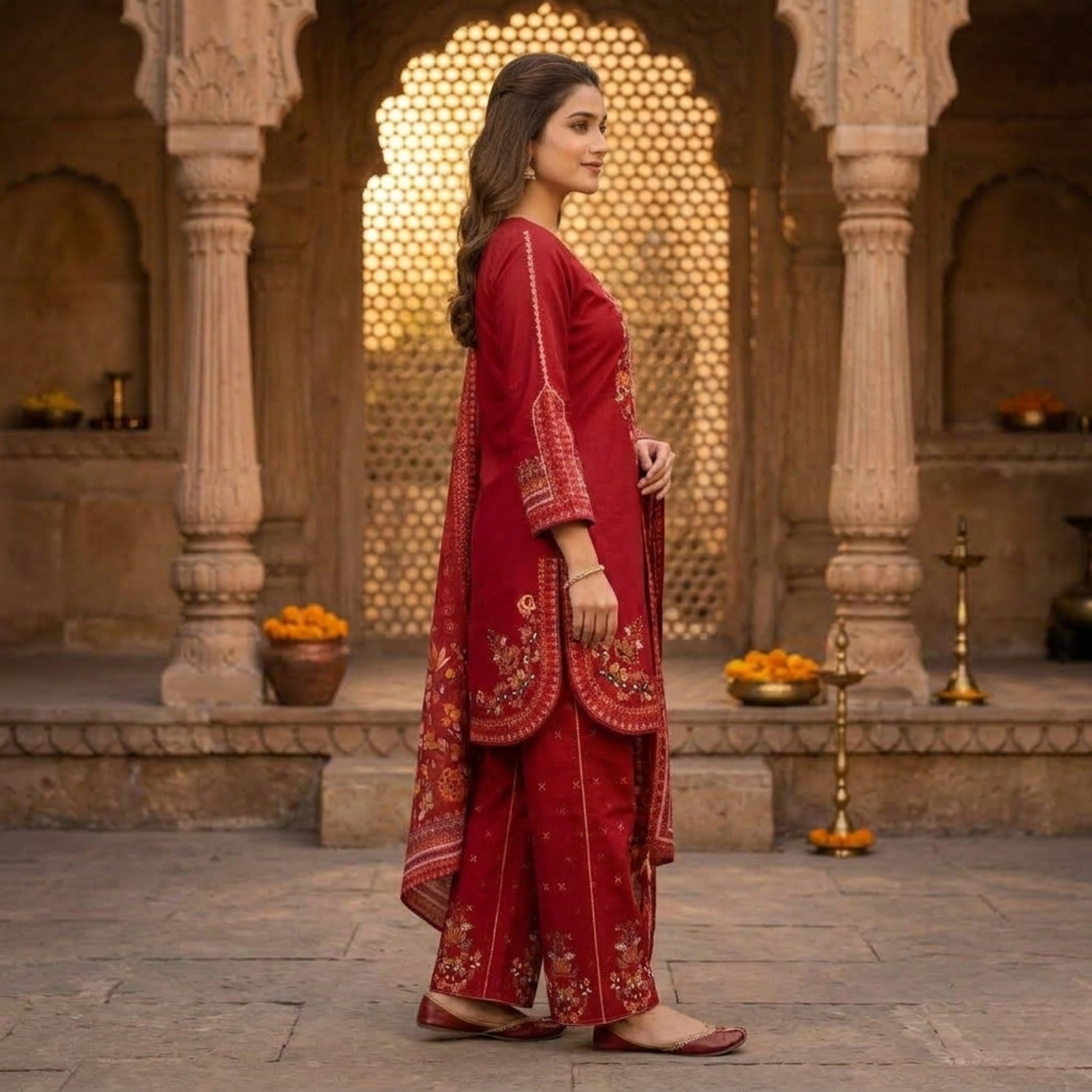 Premium Maroon Embroidered Plain Cotton 3-Piece Summer Suit for Women