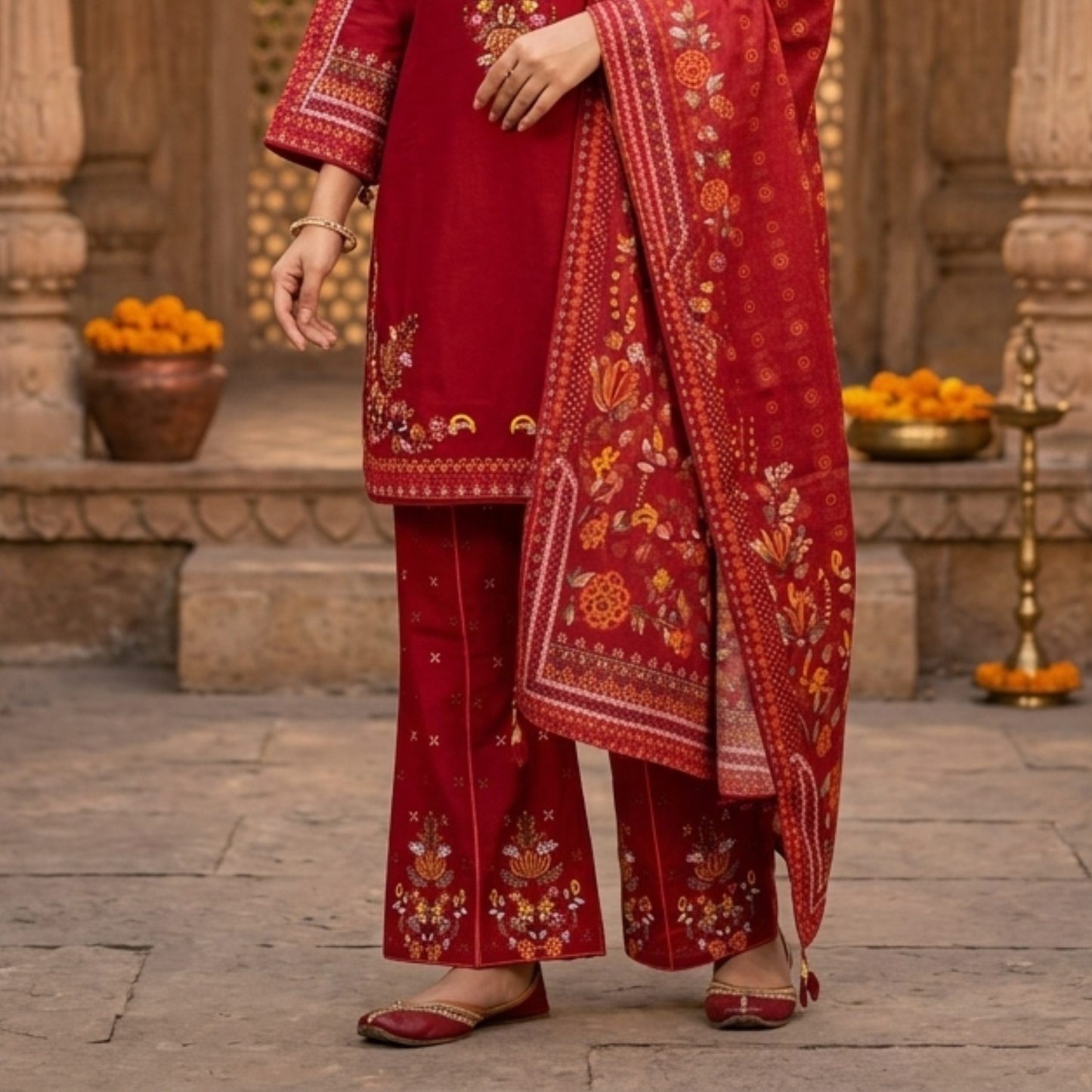 Premium Maroon Embroidered Plain Cotton 3-Piece Summer Suit for Women