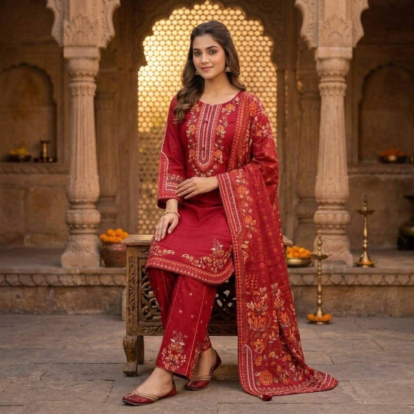 Premium Maroon Embroidered Plain Cotton 3-Piece Summer Suit for Women