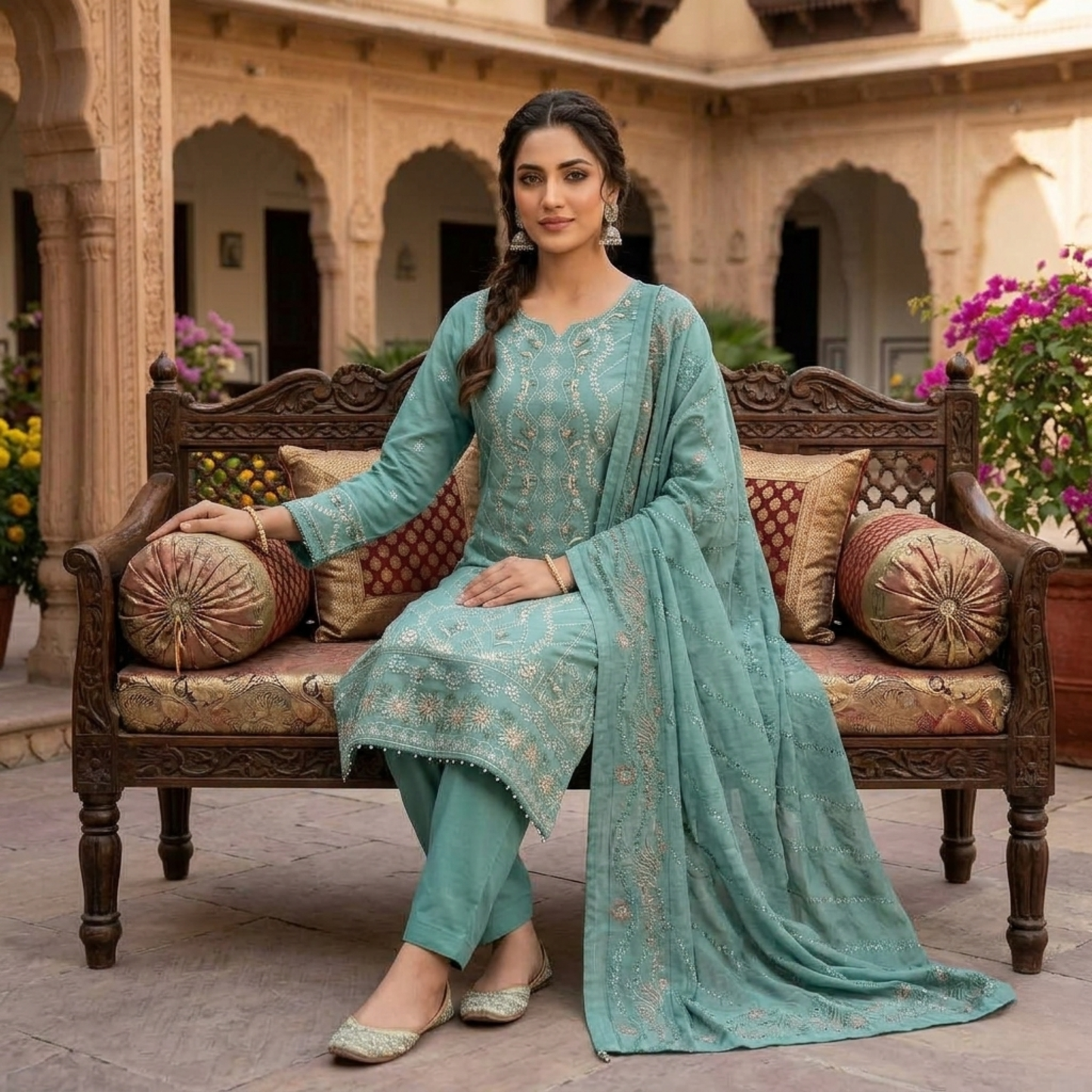 Premium Sea Green Embroidered Slub Cotton 3-Piece Summer Suit for Women