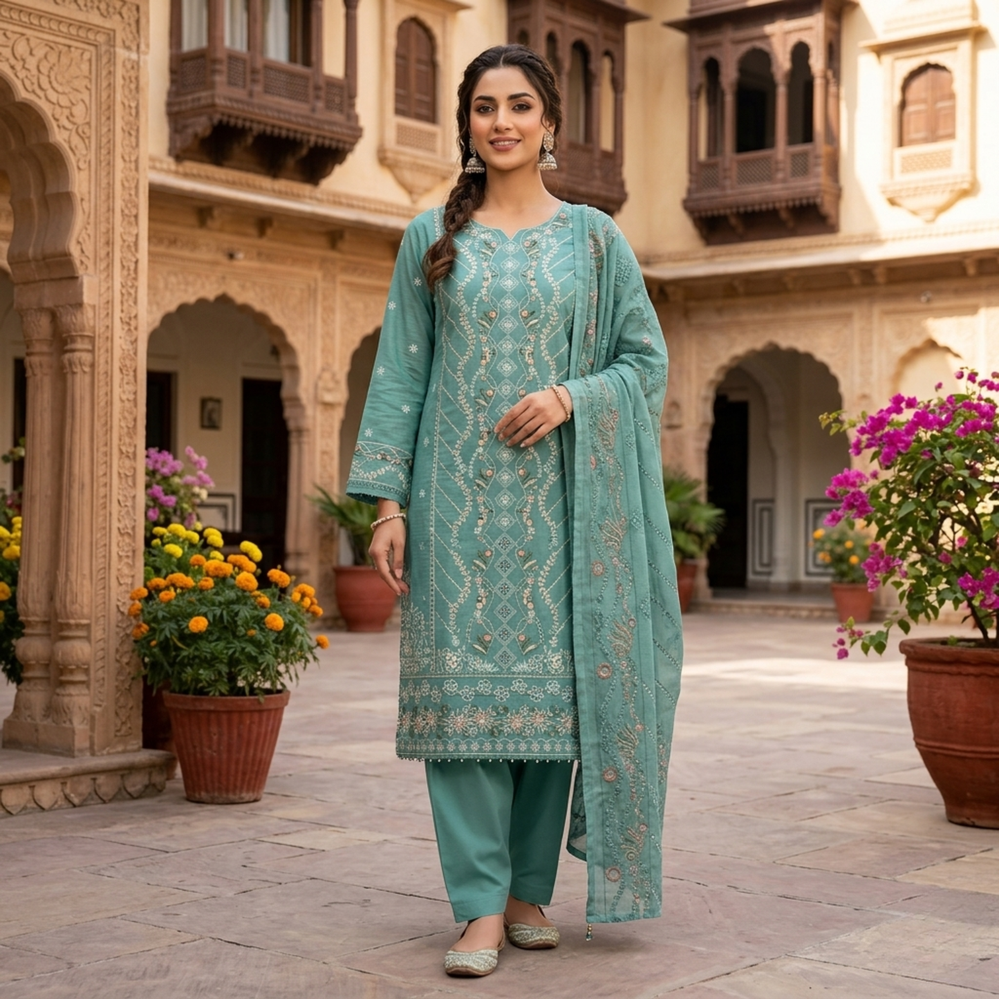 Premium Sea Green Embroidered Slub Cotton 3-Piece Summer Suit for Women